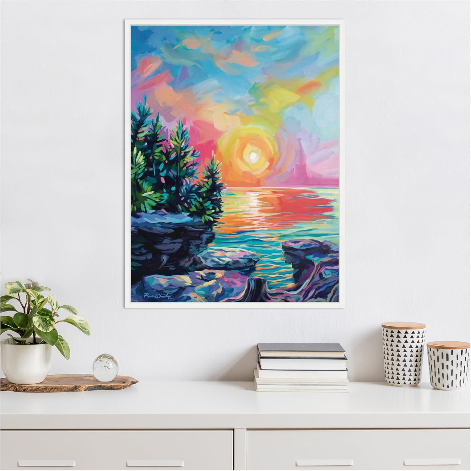 Kate and Laurel Tangerine Sunrise Framed Canvas Wall Art by Rachel Christopoulos 23 x 30 Sylvie White, Modern, Landscapes Art for Wall Decor, Living Room, Bedroom