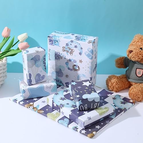 Miniatura 7 de Dtiafu Papel de regalo para baby shower para bebé niño  12 hojas de papel de regalo azul bebé con patrón de oso estrella, pastel, luna y dulces