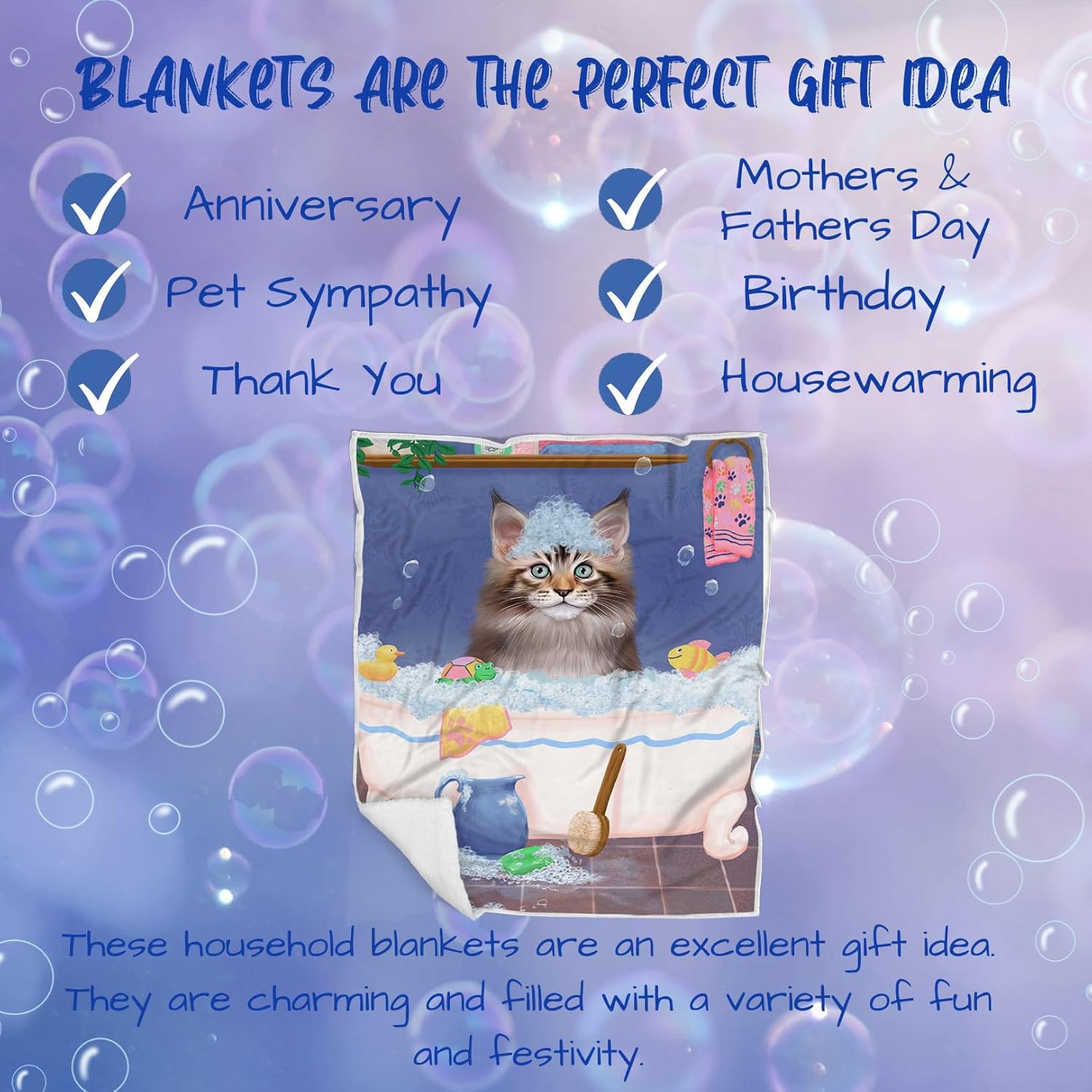 Rub A Dub Dog in A Tub Maine Coon Cat Blanket - Lightweight Soft Cozy and Durable Bed Blanket - Animal Theme Fuzzy Blanket for Sofa Couch BLNKT63206 (50x60 Woven)