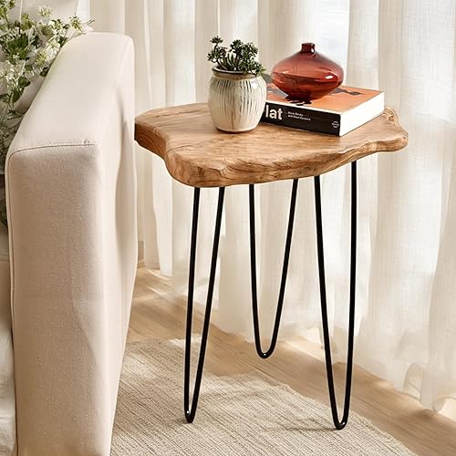 Mesa auxiliar de madera Welland con borde natural, mesita de noche., cedar