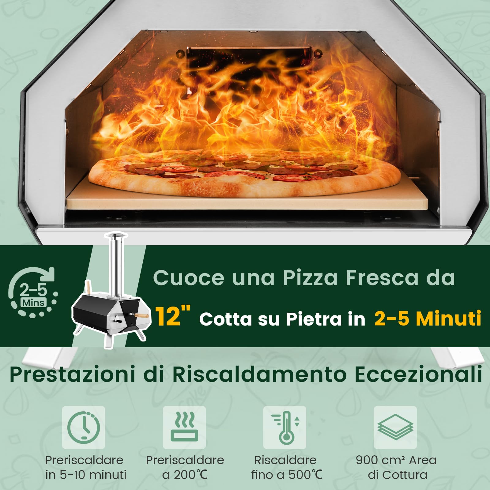 COSTWAY Forno per Pizza da Esterno a Legna con Pala, Pietra e Gambe Pieghevoli, Modello 8