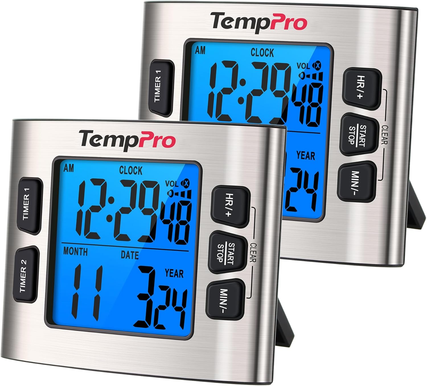 ThermoPro TempPro TM02 Dual Digital Kitchen Timer - 24H Countdown, Magnetic Stainless Steel, Adjustable Alarm for Cooking & Classroom