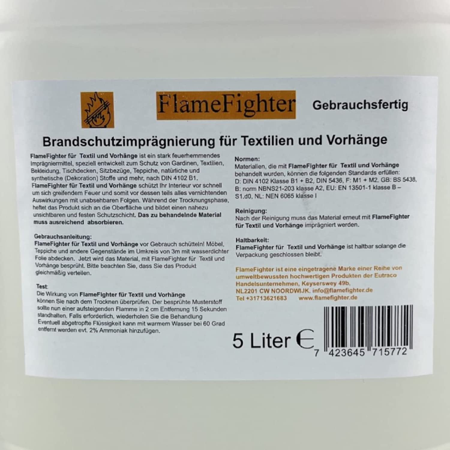 FlameFighter Imprégnation Ignifuge 5 litres Textiles Rideaux Protection Incendie DIN 4102 B1