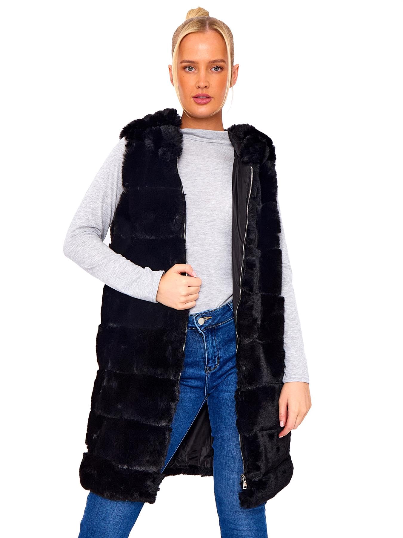 Ss7 Women's Black Faux Fur Gilet Mid Length