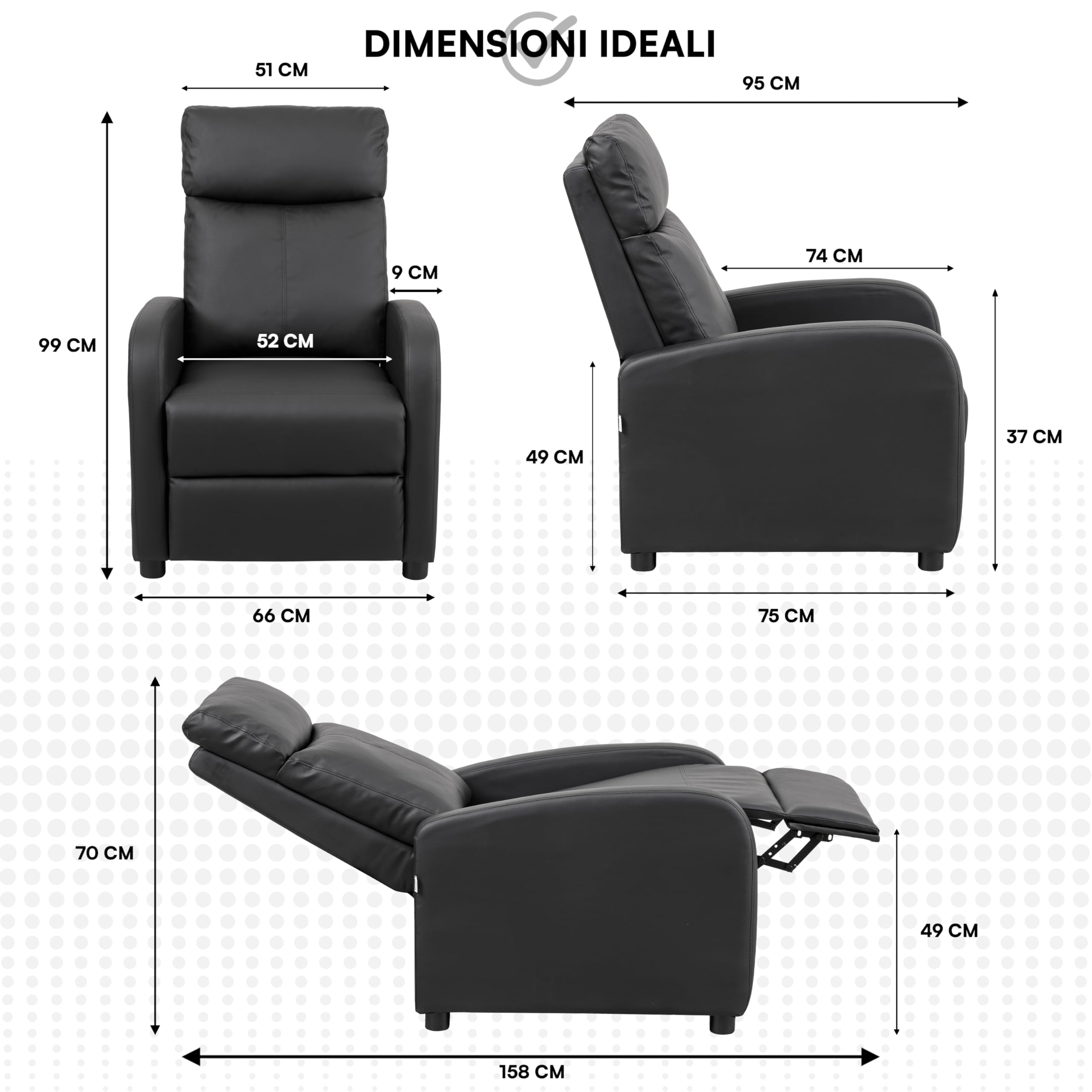Baroni Home Poltrona Reclinabile in Soft Foam, con Recliner a Spinta, Poggiapiedi, Piedini Antiscivolo, Poltrona Relax Push-Back, Facile da Montare, Comoda, Nero, 66x75x99 cm