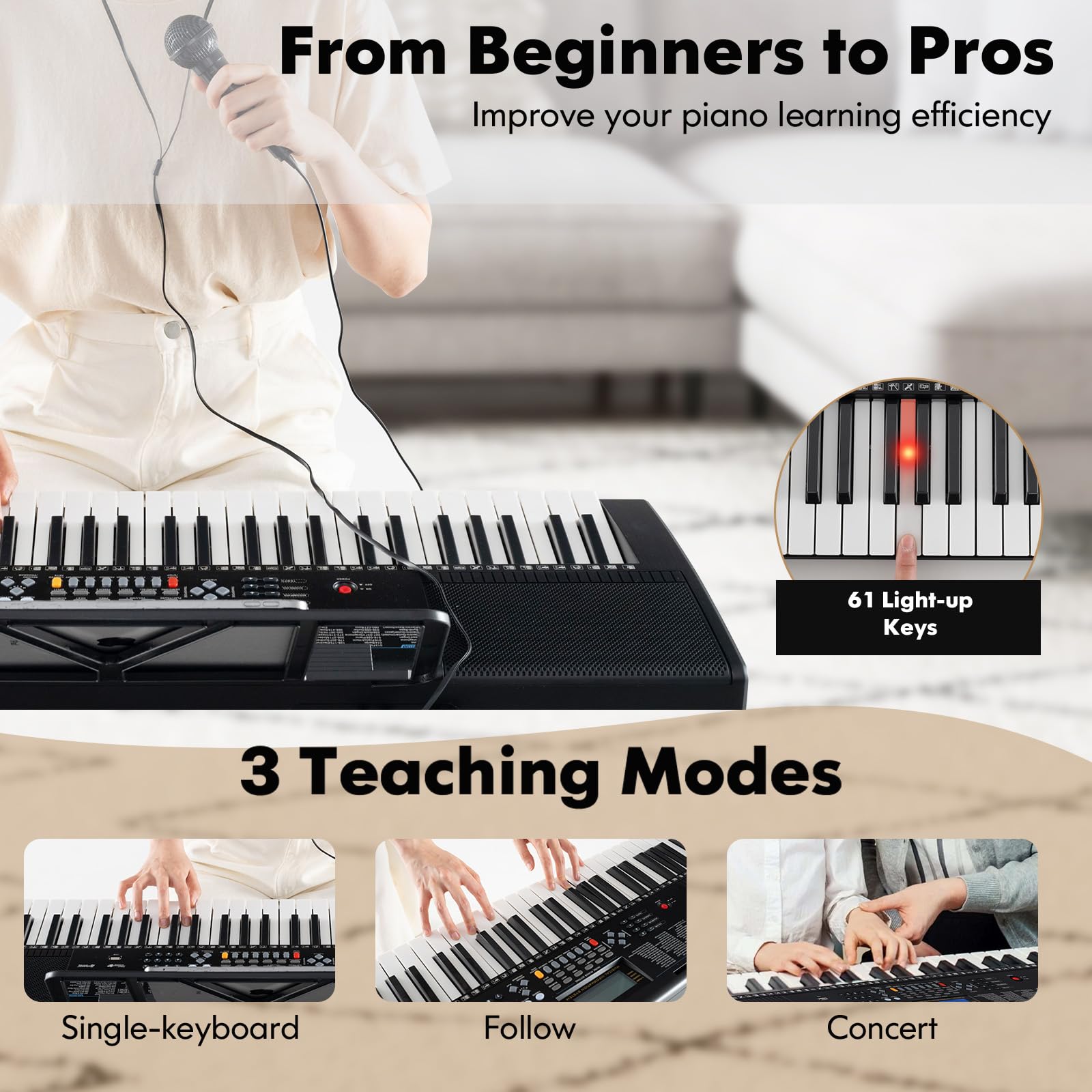 KOMFOTTEU Piano Digital de 61 Teclas, Teclado Electrónico con Soporte y Taburete, Piano Electrónico con Micrófono y Auriculares, 600 Tonos y 400 Ritmos, 50 Canciones Demo