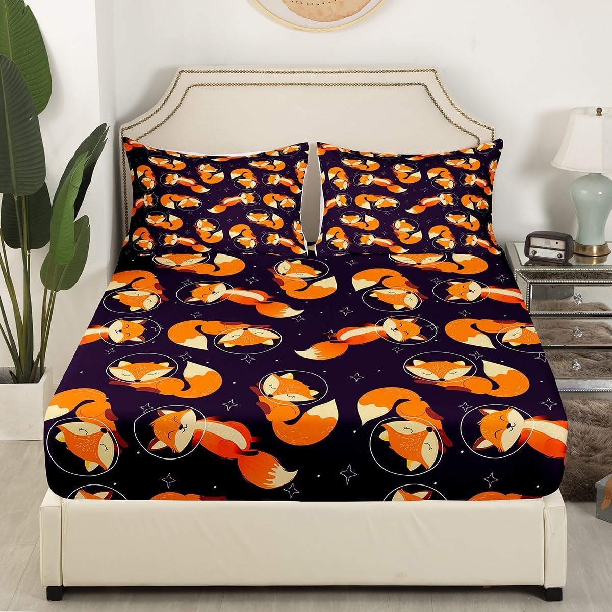 Erosebridal Fox Fitted Sheet Cute Animal Bed Sheet for Kids Boys Teens Man,Cartoon Wildlife Sheet Set Wild Animals Bed Cover Lovely Bedroom Decor Queen Size Orange Color