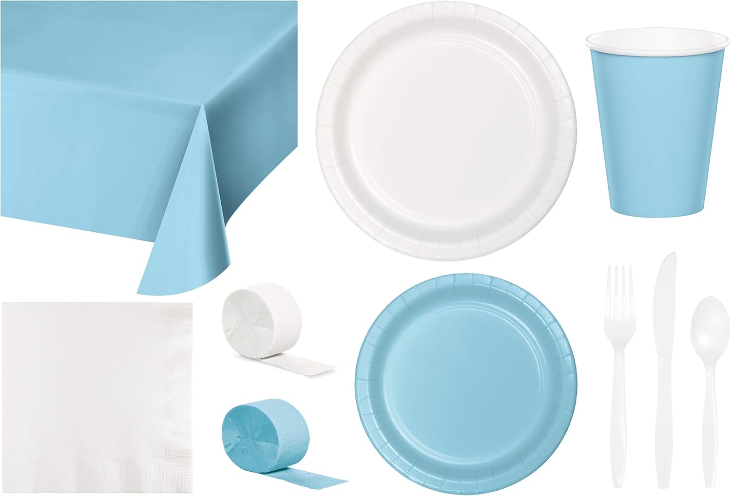 Baxters Party Bundle Bulk, Tableware for 24 People Pastel Blue and White, 2 Size Plates Napkins, Paper Cups Tablecovers and Cutlery, Box of 199