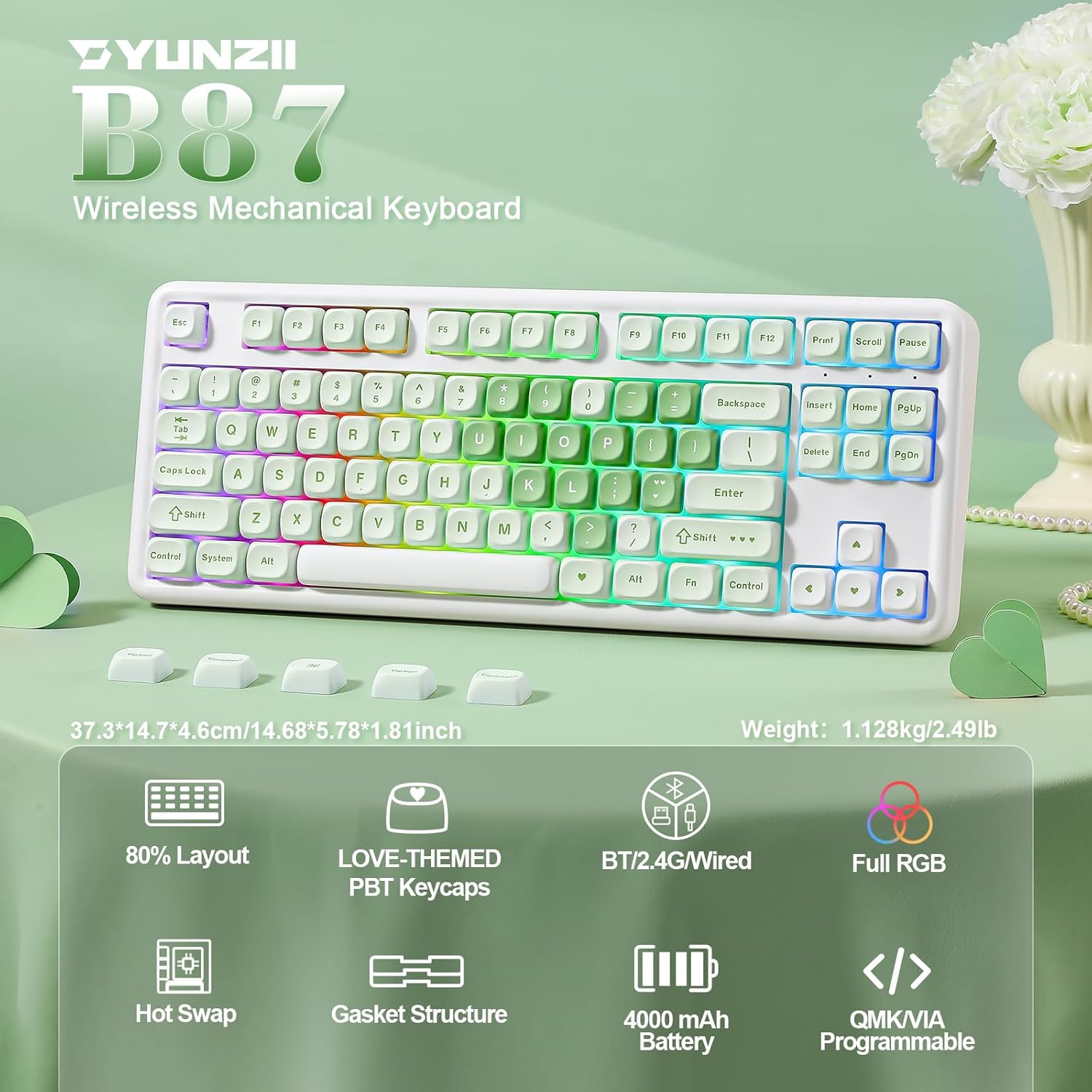 YUNZII B87 Wireless Mechanical Keyboard,QMK/VIA Programmable,TKL Layout 87 Keys,BT/2.4G/USB-C,Hot Swap Gasket Mount RGB Backlit Gaming with Wrist Rest for Win/Mac (Matcha Heart, Cocoa Cream V2) - Image 2