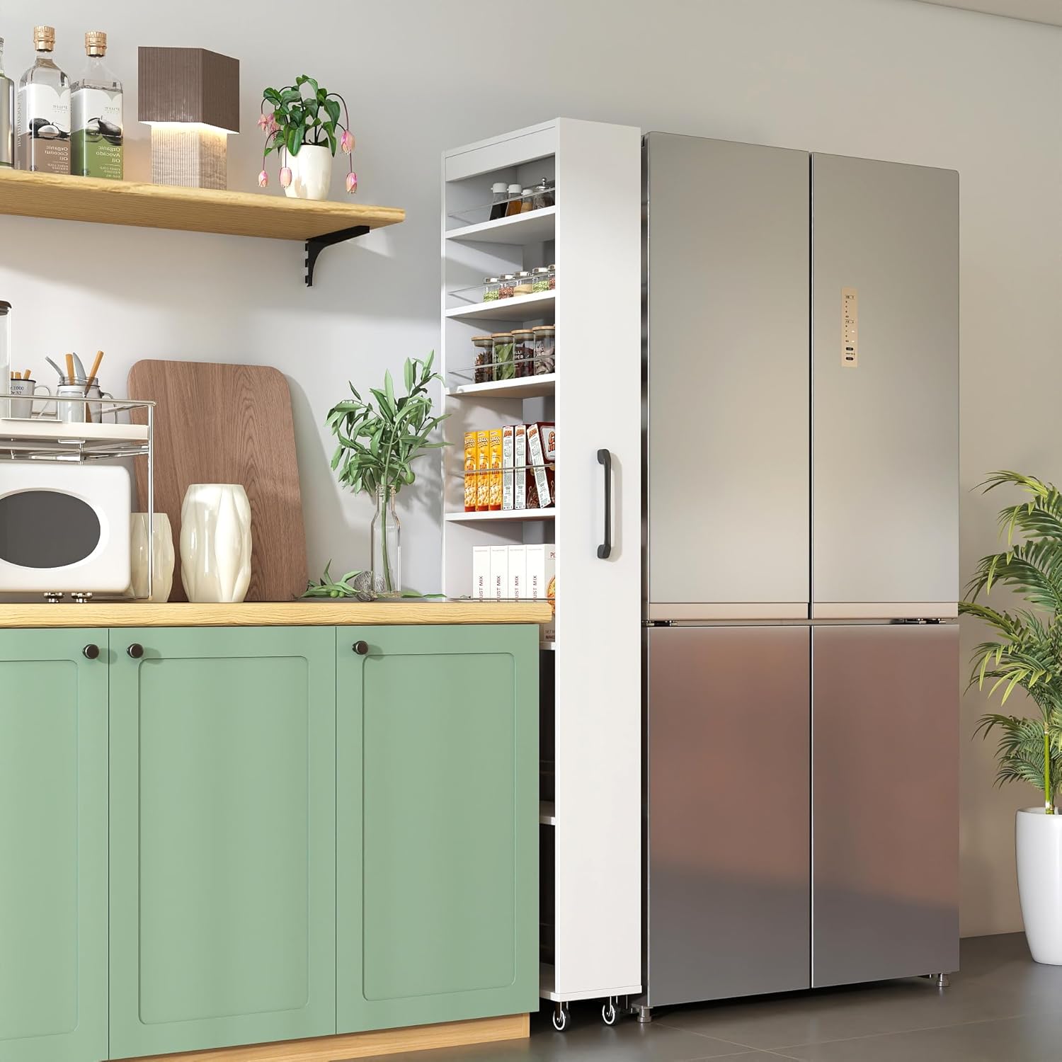 7-Tier Slim Mobile Shelving Cart with Wheels, Rolling Pantry with 7 Racks, Narrow Pull-Out Utility Cart, Space Saving Storage Organizer Carts for Kitchen Living Room Bathroom Narrow Spaces, White