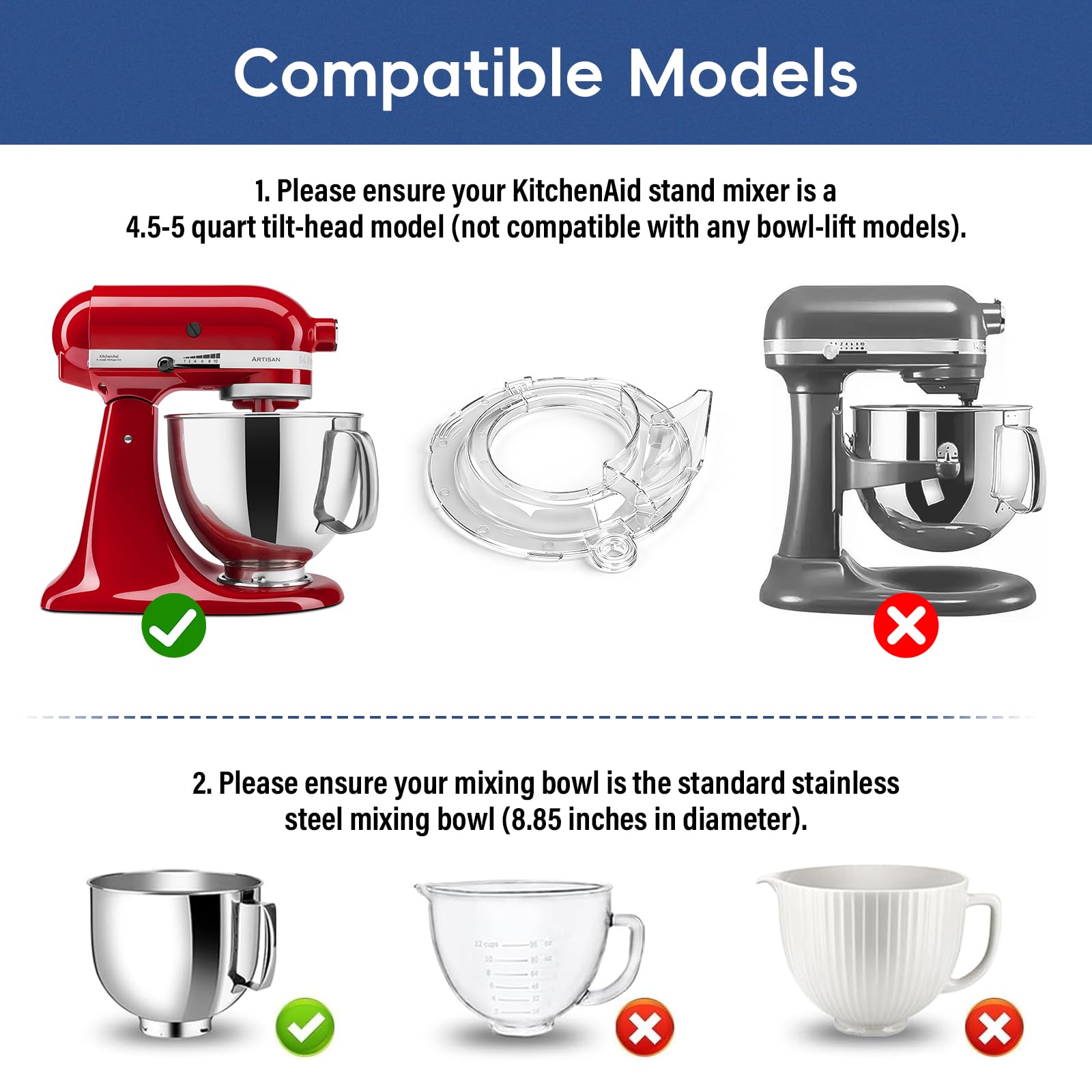 Paraspruzzi per KitchenAid Planetaria 4.3L - 4.8L, Paraschizzi Trasparente Integrale a 360° per Mixer Kitchen Aid Artisan e Classic con Testa Inclinabile, Coperchio Versatore Antispruzzo