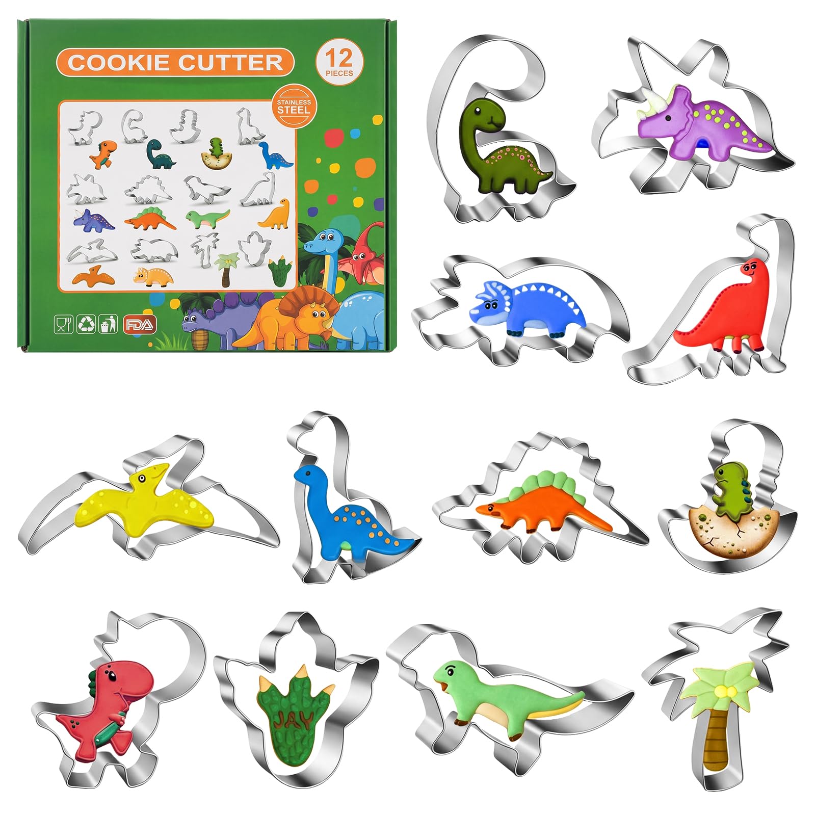 12 PCS Dinosaur Cookie Cutters, Stainless Steel Dinosaur Sandwich Cutters for Children, Dinosaur Biscuit Cutters for Baking Birthday DIY Christmas Valentine's Day Halloween