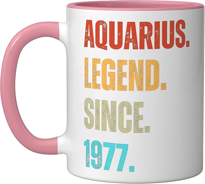 Aquarius Legend Since 1977 Retro Zodiac Sign Birthday Ceramic Mug, Pink/White