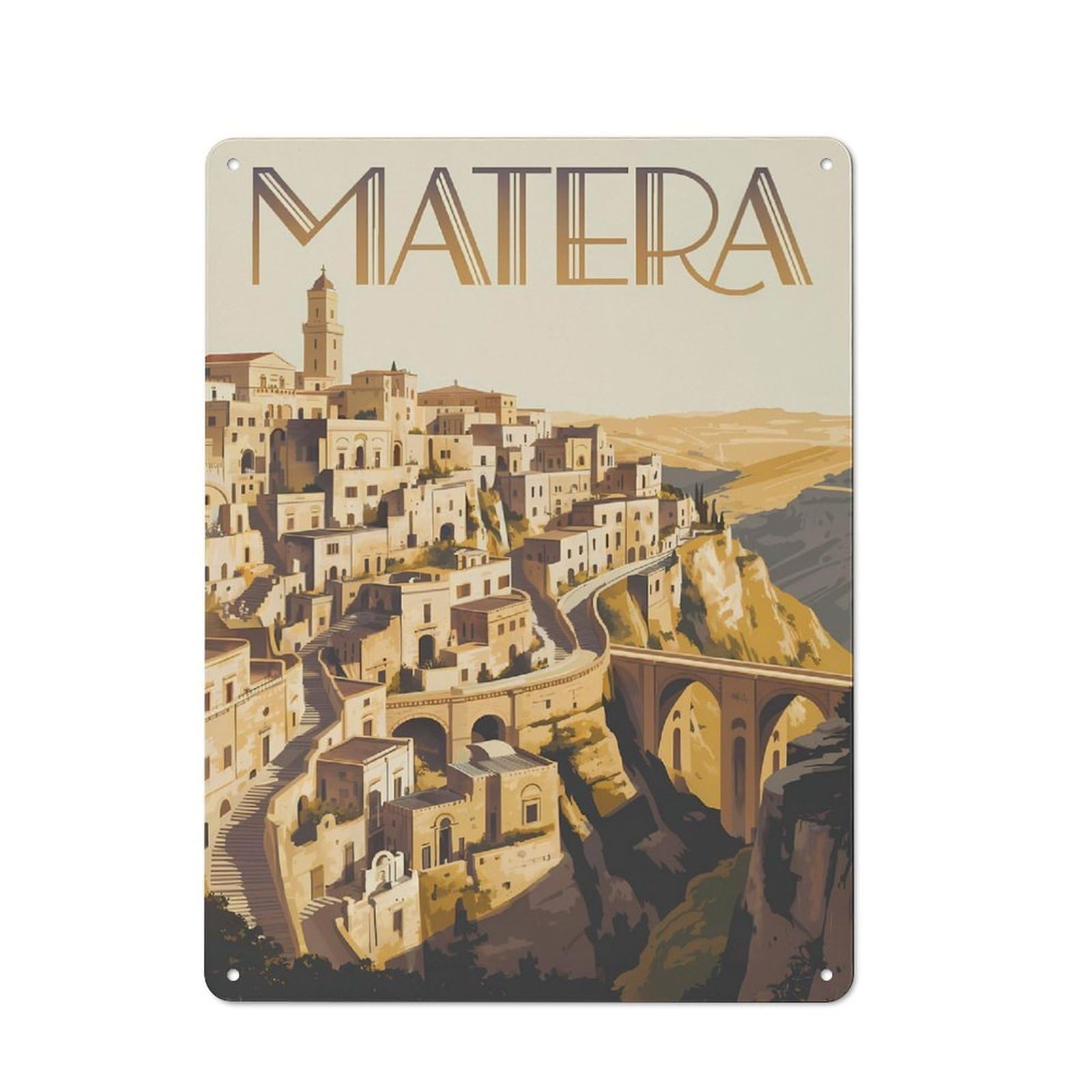 Junmoney Style-16 Vintage Metal Plaque 40X30cm Featuring Matera Cityscape Art Print, Diner Style Decor For Restaurant, Kitchen, Counter Or Breakfast Nook