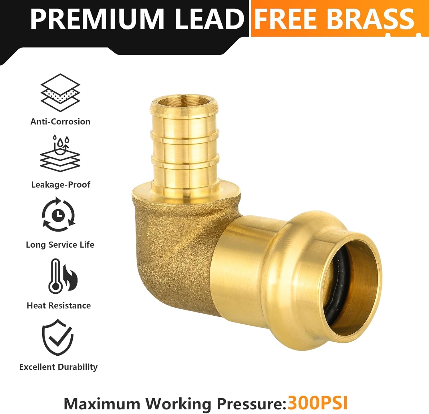 5-Pack HeSun Copper Press Fitting Elbow, 1/2" PRESS X 1/2" PEX F1807 Crimp Elbow, LF Brass