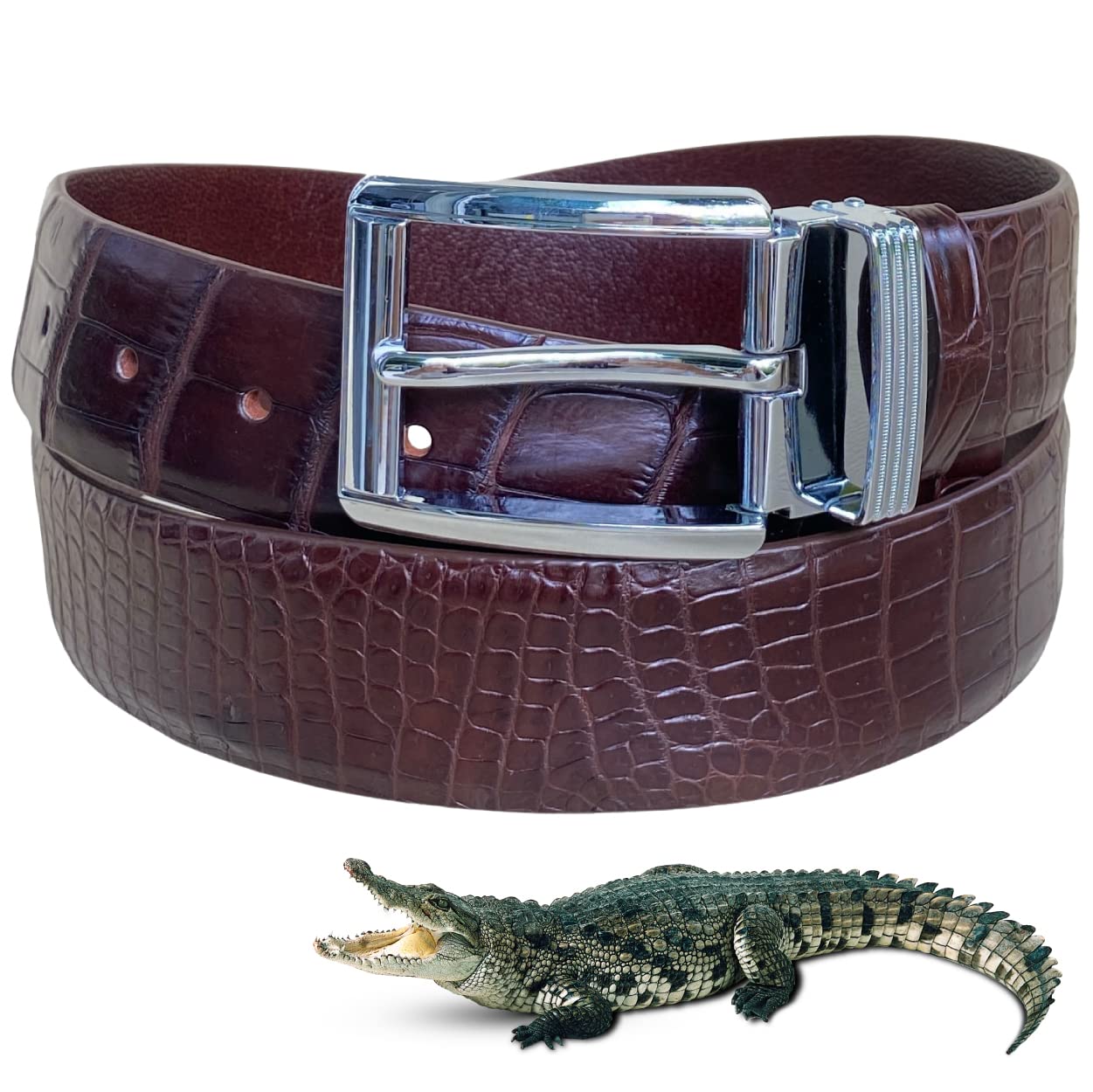 vinacreations Men's Dark Brown Alligator Belt Crocodile Leather Belts 1.5" width Automatic Ratchet Removal Buckle Jean Dress Golf Luxury Premium Handmade Exotic Skin Gift For Him BE-DAR-03-PIN