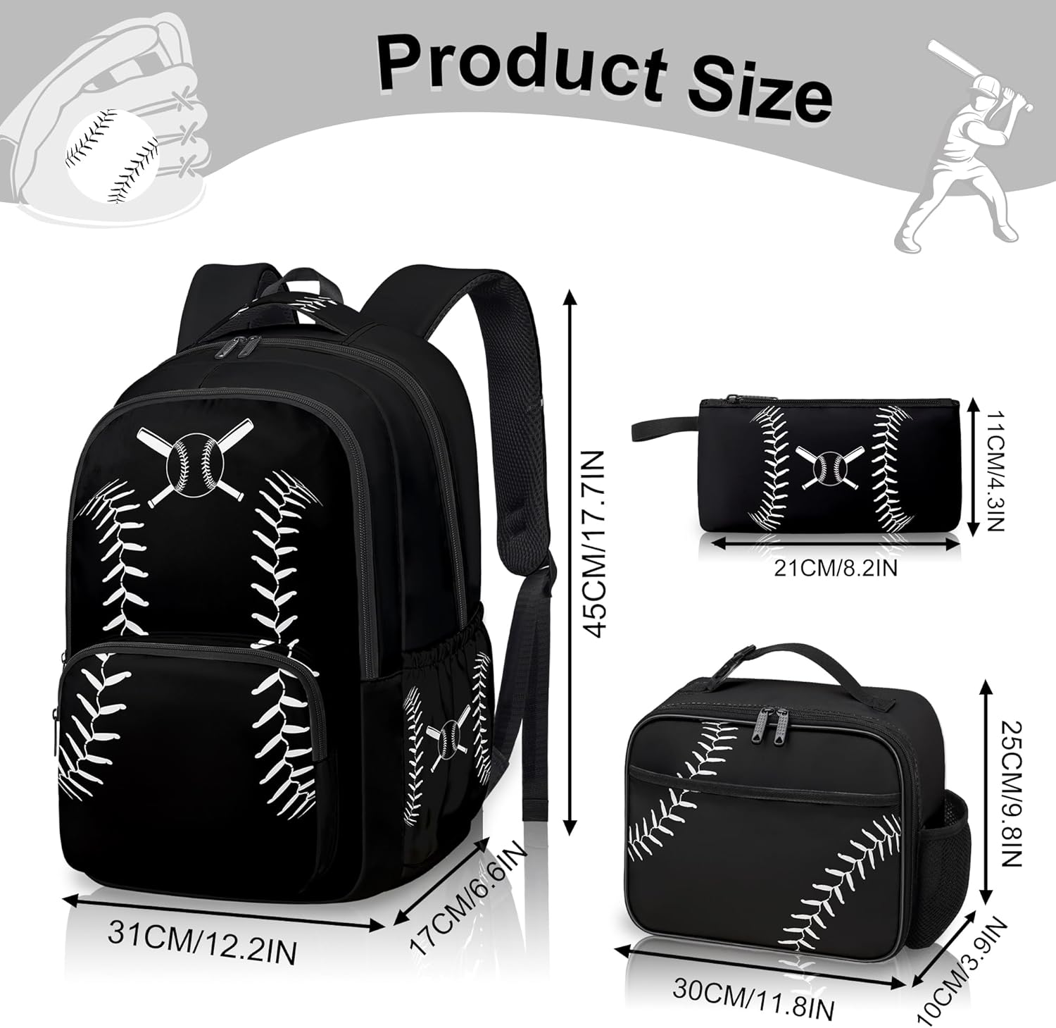 Baseball Backpack for Boys,Kids Baseball Backpack for School,17inch Bookbag Set with Lunch Bag Pencil Bag and Keychain Black