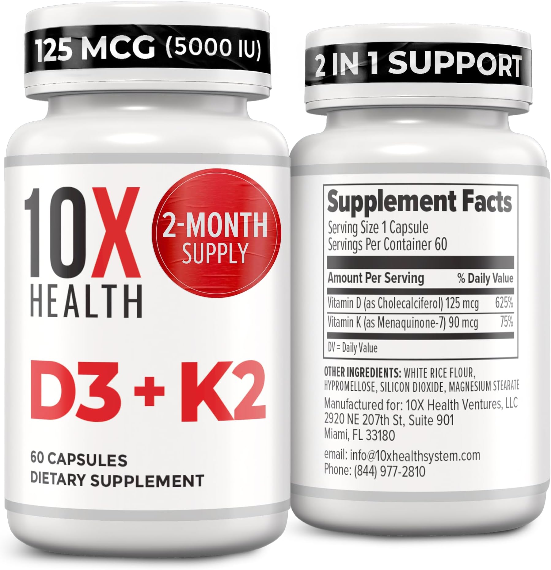 10X Health Vitamin D3 5000 IU & K2 MK7 - Menaquinone 7, High-Potency D3 K2 Vitamin Supplement for Bone Health, Heart and Teeth - 125 mcg Vitamin D & 90 mcg Vitamin K2-60 Capsules