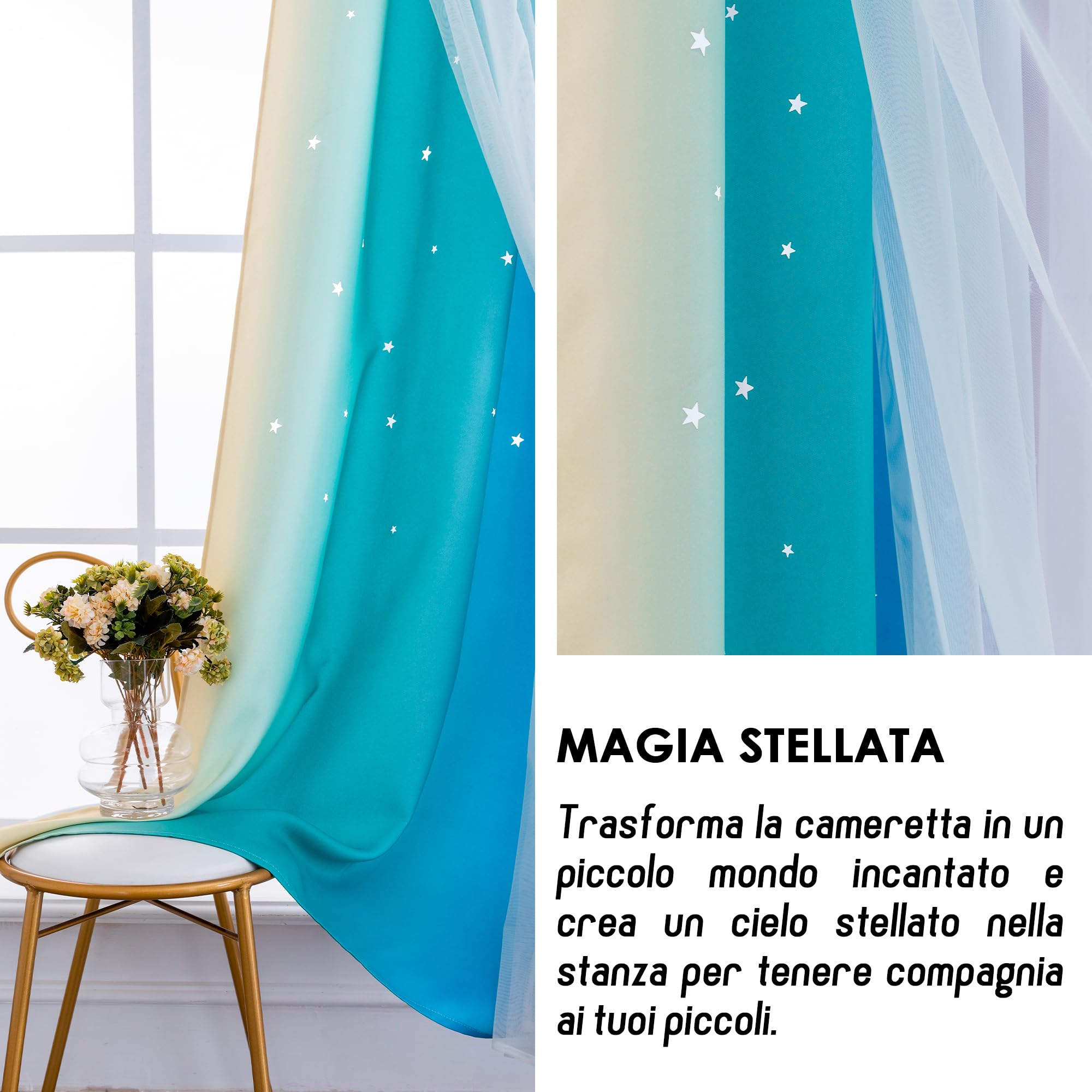 Tende Doppio Velo Oscuranti Morbide Fantasia Stelle Vuote Isolante per Camera Bambini 2 Pannelli 140x285cm Arcobaleno Freddo