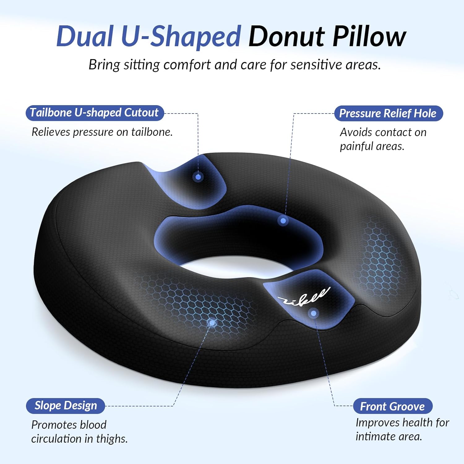 ZIKEE Dual U-Shaped Donut Pillow for Tailbone Pain, Hemorrhoid Pillow for Sitting with Pressure Relief Hole & Slope Design, Donut Seat Cushion for Coccyx, Postpartum & Post Surgery Sitting Relief