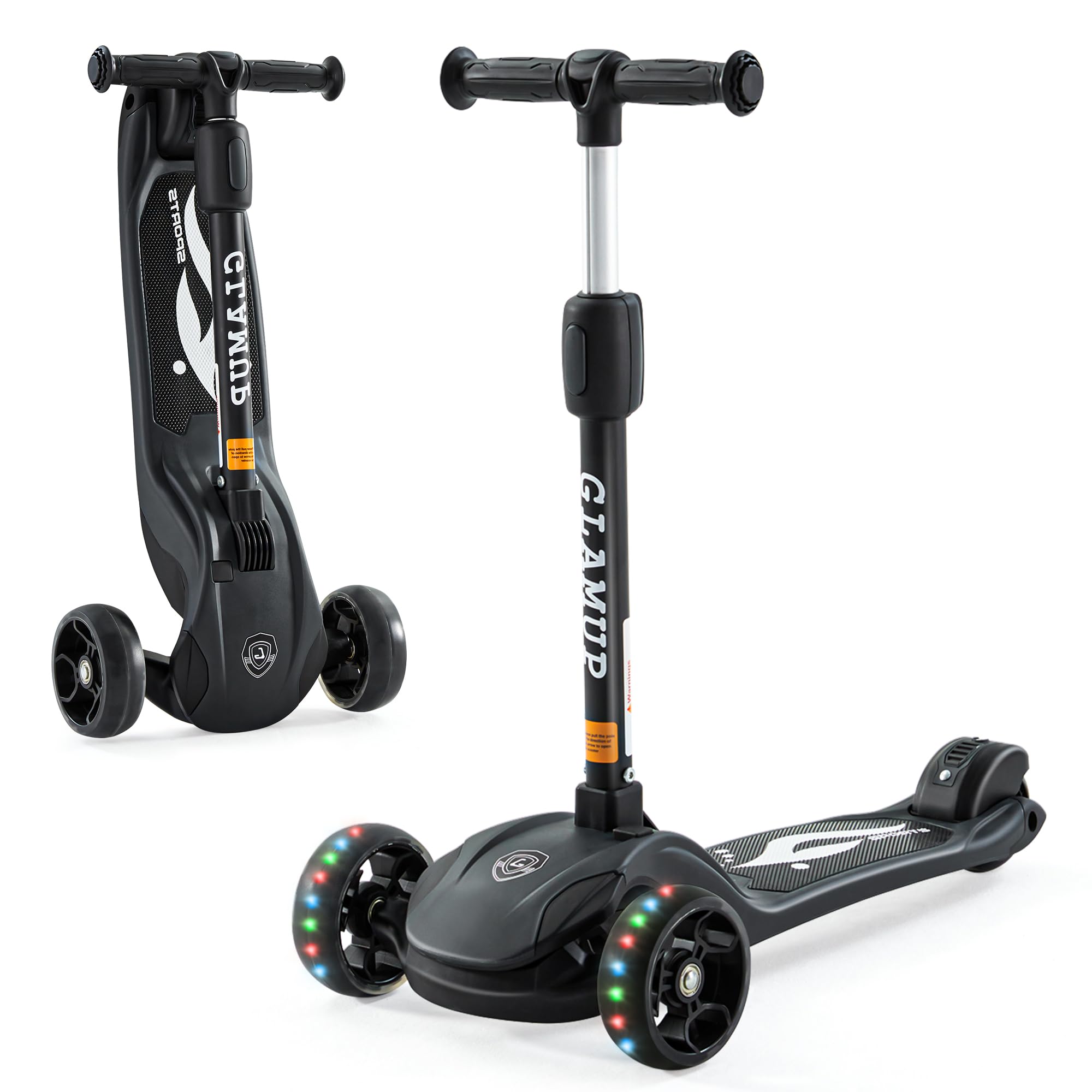 GLAMUP Kids Kick Scooter 3 Wheels, Kids Scooter Height Adjustable Handlebar, Lean-to-Steer System & Easy-Folding Mechanism, Ages 3-14 Boys and Girls?1003-Black?