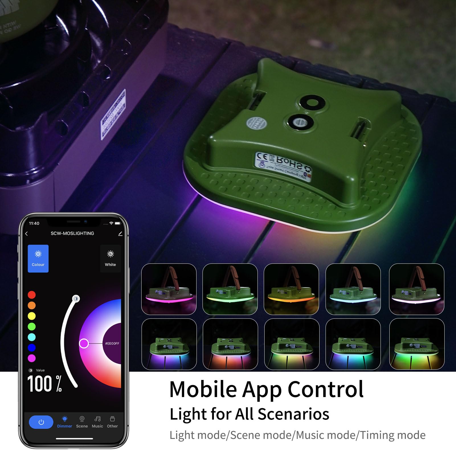 Linterna de camping recargable, luz LED inteligente con control Bluetooth por Tuya APP, sincronización de música, luces LED RGB para camping, luz exterior de 16500 mAh con base magnética