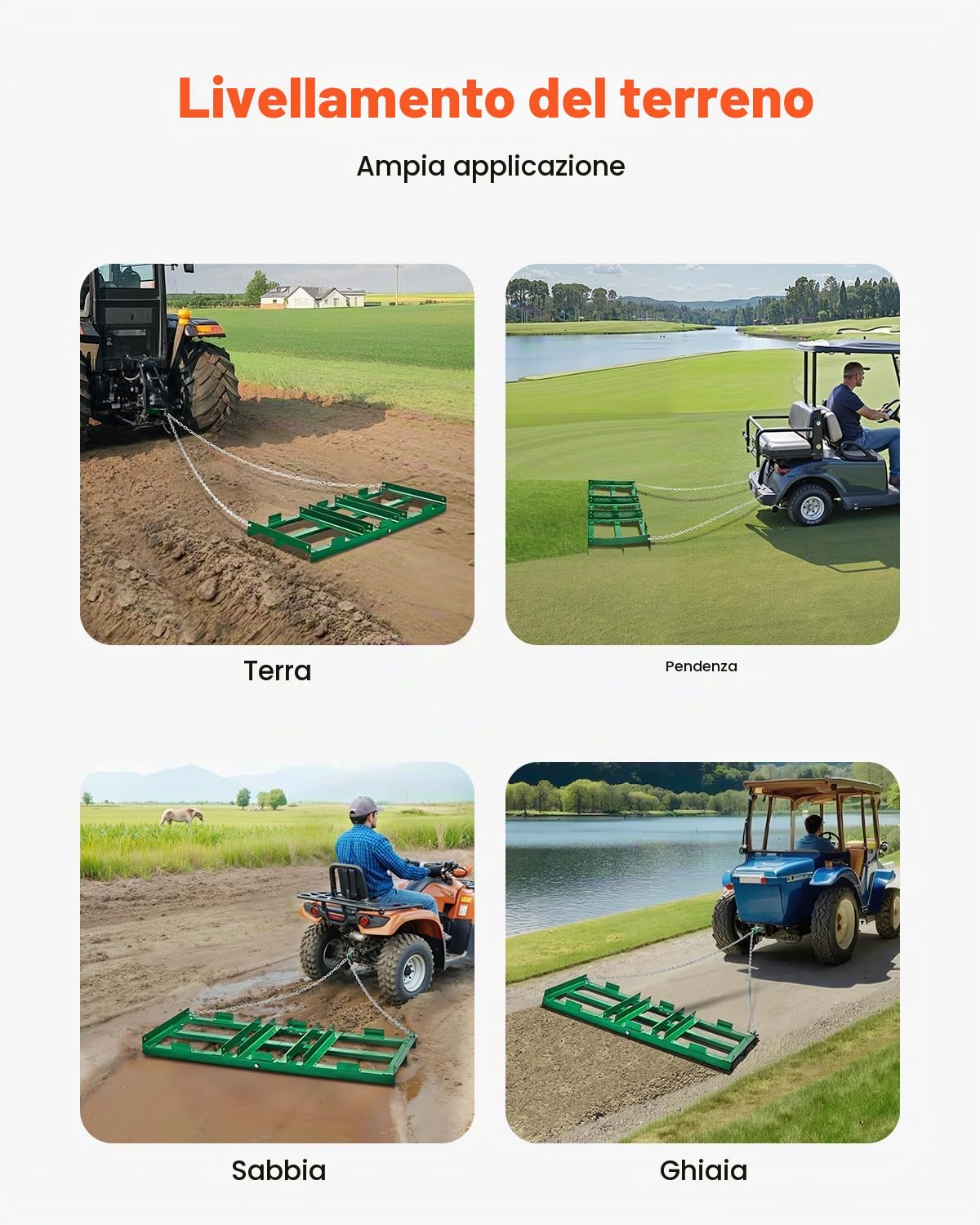 VEVOR Erpice Trainato da 1220 x 500 x 100 mm con Barre Regolabili e Catena 1830 mm, per ATV UTV Trattore, Tosaerba Trainato Dietro Lo Strumento di Livellamento del Prato del Cortile