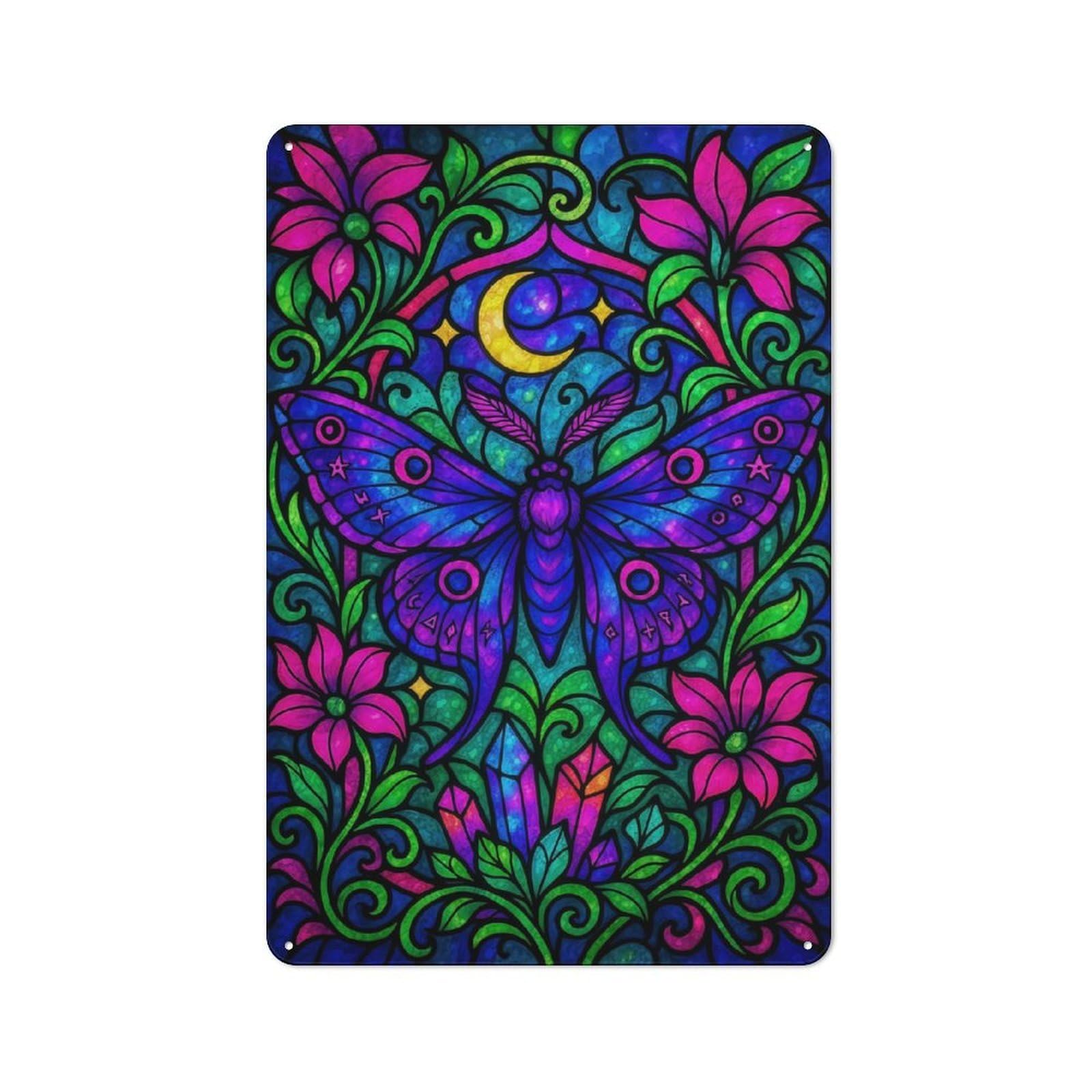 Junmoney Neon Fantasy Stained Glass Moth With Moon Vintage Vintage Metal Sign 30X20cm Featuring Room Wall Plaque For Flat, Dorm Room, Lounge Or Cafe