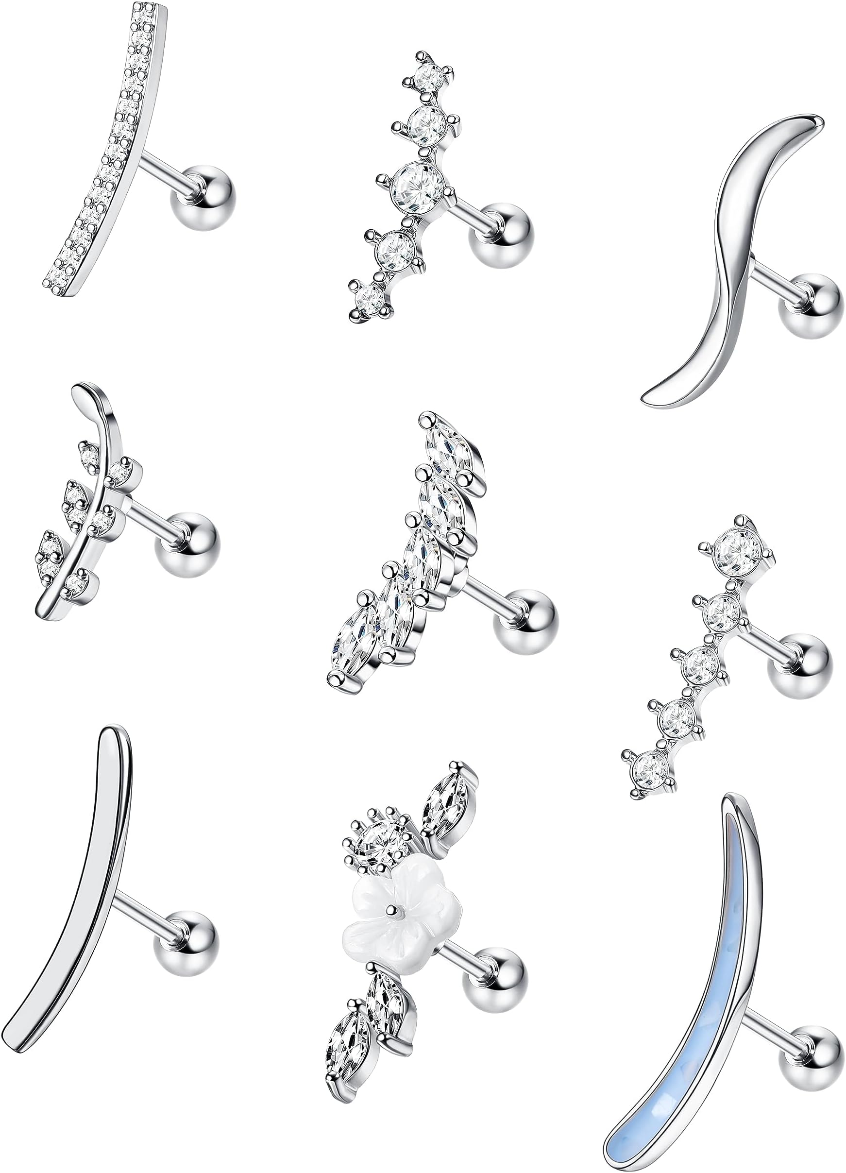 FIOROYAL9Pcs Cartilage Earrings 16G Stainless Steel Earrings Flower Helix Earring Opal Top Ear Piercing Studs CZ Climber Earrings for Women Tragus Conch Helix Piercing Jewellery