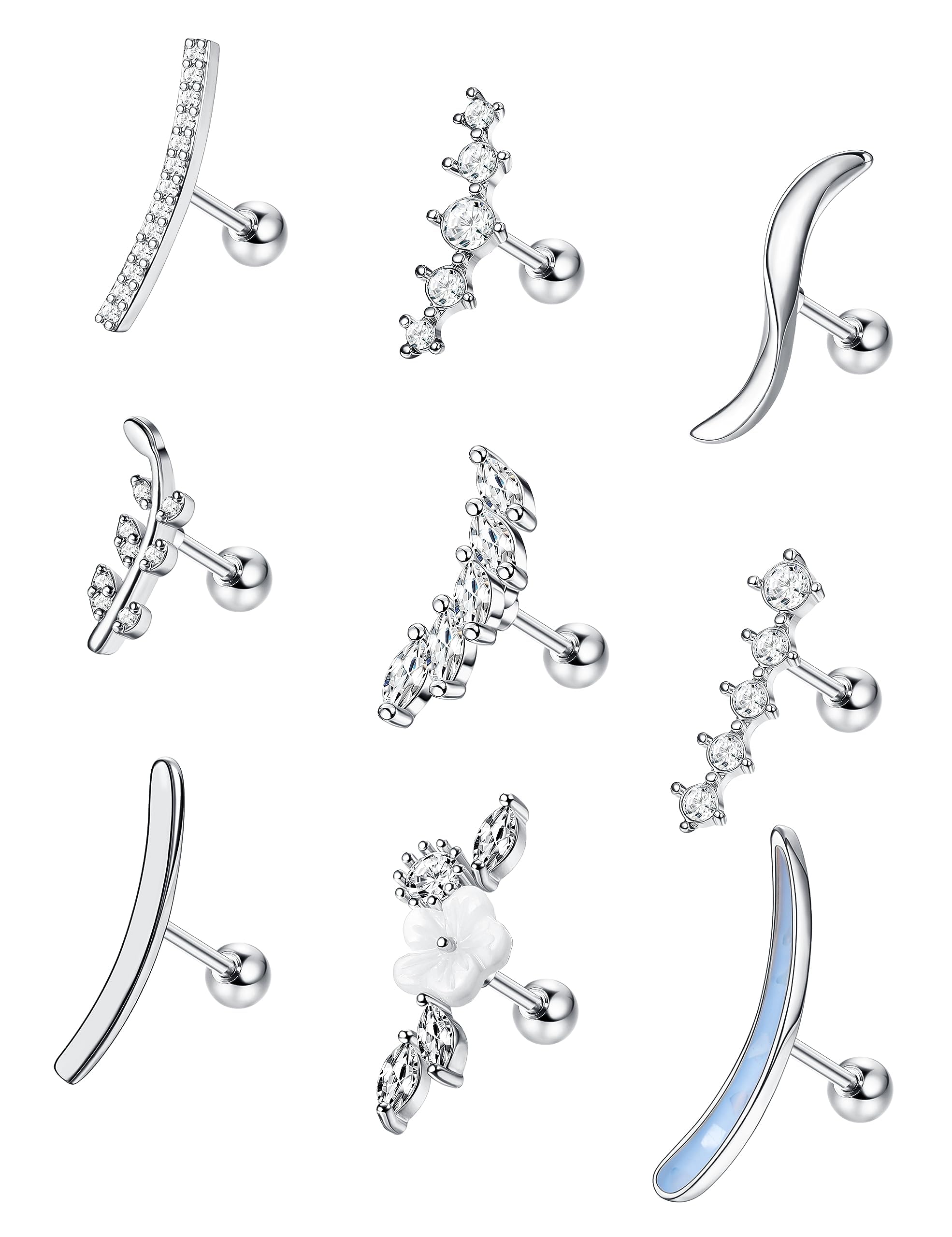 FIOROYAL9Pcs Cartilage Earrings 16G Stainless Steel Earrings Flower Helix Earring Opal Top Ear Piercing Studs CZ Climber Earrings for Women Tragus Conch Helix Piercing Jewellery