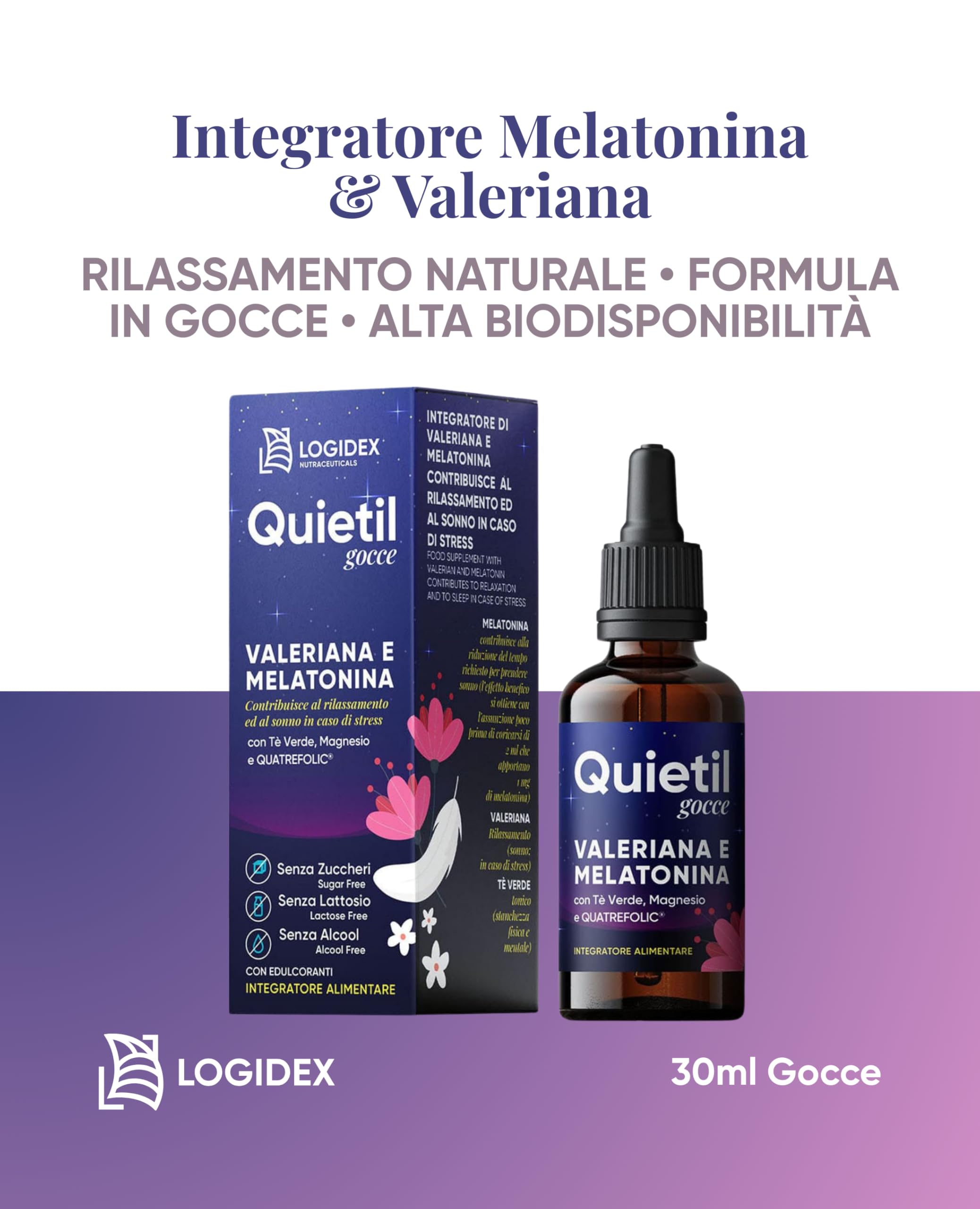 Quietil Gocce – Integratore per Dormire con Melatonina, L‑Teanina, 5‑HTP, Magnesio, Valeriana e Folato Quatrefolic – Gocce Senza Alcol per Sonno Profondo, Ansia e Stress – 30 ml - Logidex