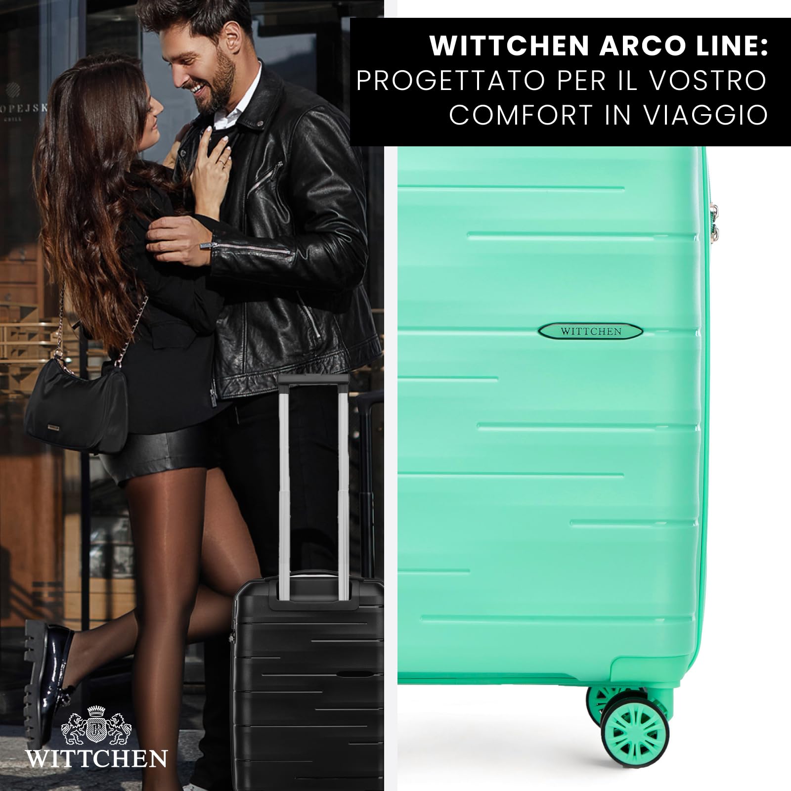 WITTCHEN ARCO Line | Trolley da cabina Bagaglio a mano Valigia piccola | Bagaglio leggero Polipropilene Lucchetto TSA Manico telescopico | 4 ruote piroettanti | Verde