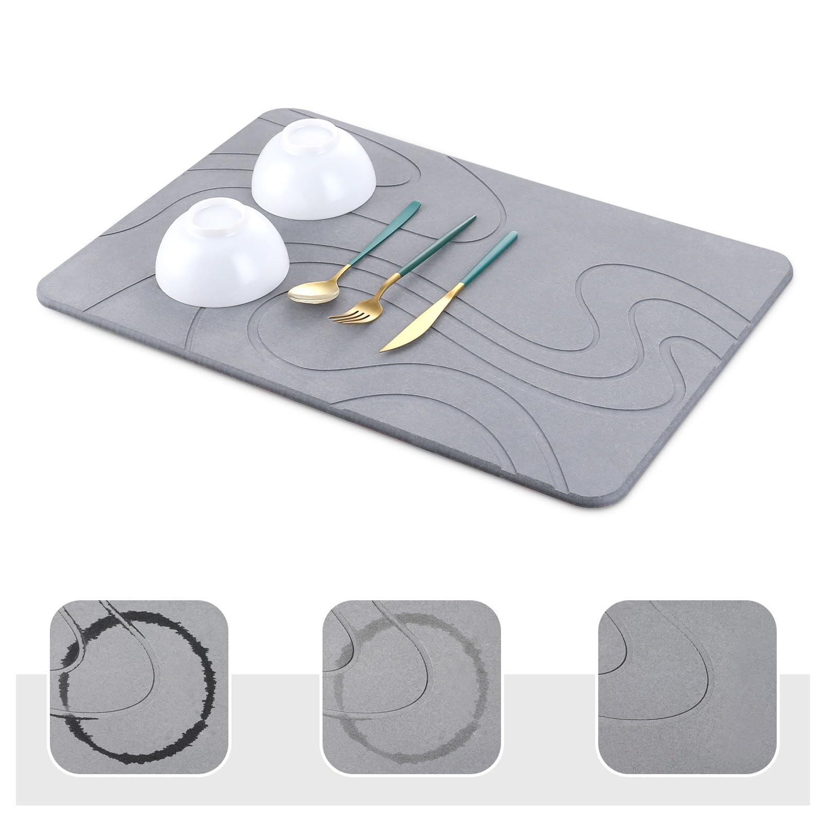 Stone Dish Drying Mat for Kitchen Counter, 24"x16" Fast Drying Super Absorbent Non-Slip Diatomite Mat, Natural Diatomaceous Earth Dish Drying Pad for Dish Rack