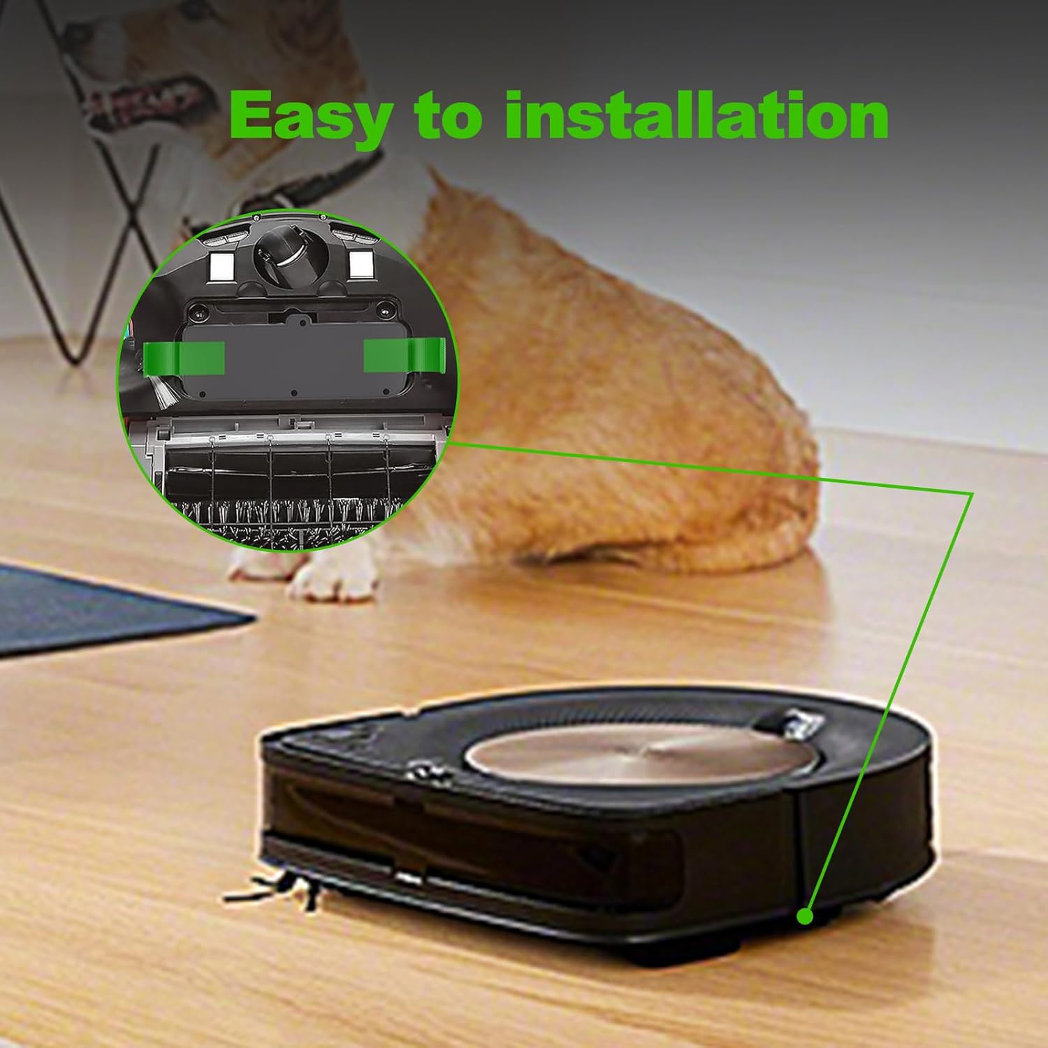 Close-up view of the underside of an iRobot Roomba, showing the battery compartment with the CaliHutt replacement battery being installed, highlighting the ease of installation.