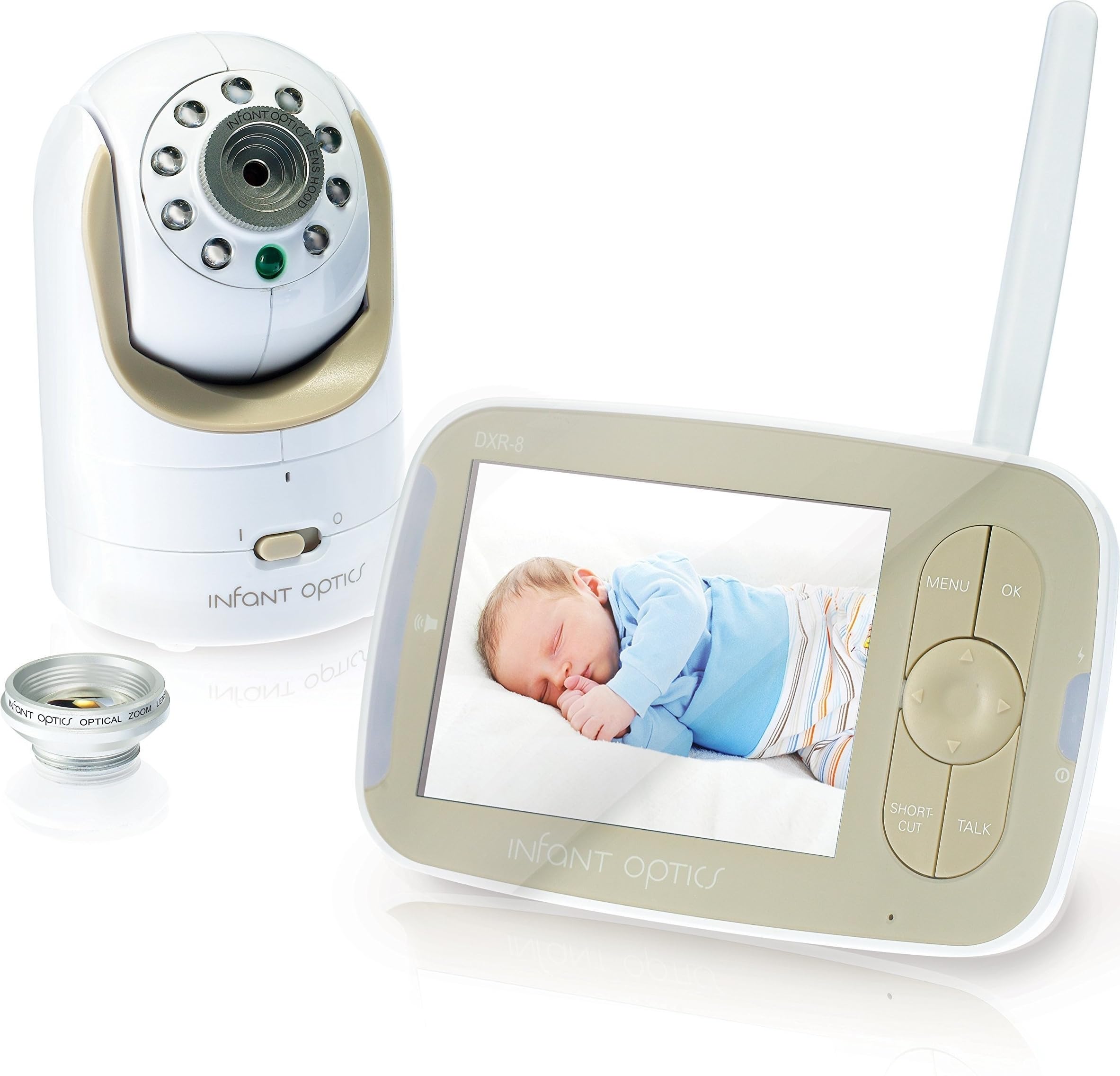 Moniteur vidéo pour bébé Infant Optics Dxr-8 avec lentille optique interchangeable, blanc/beige.