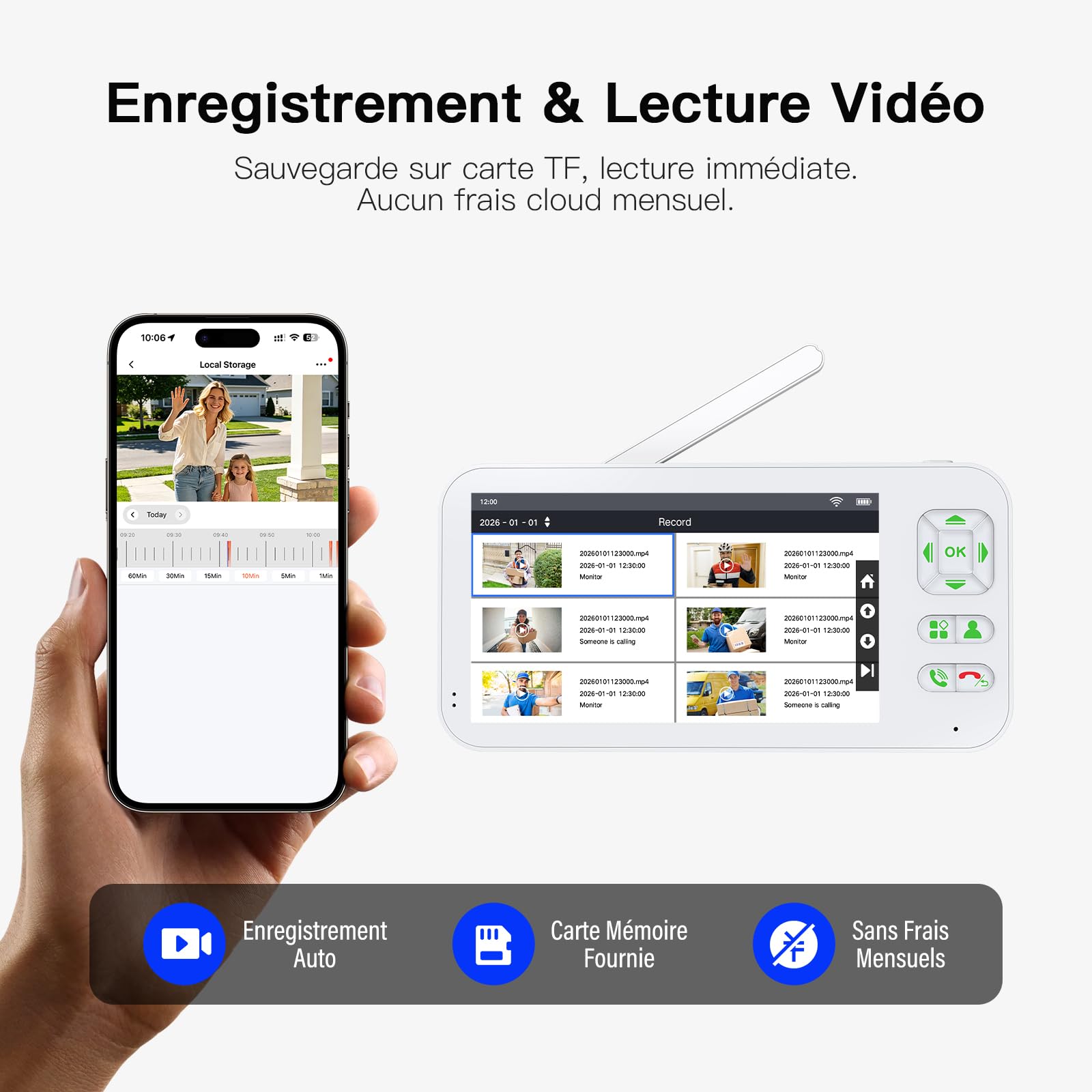 XPJ Visiophone Sonnette sans Fil avec Camera et 5" Ecran Moniteur, Interphone Vidéo Connecté WiFi 1080P, Stockage Local, PIR Détection de Mouvement, Audio Bidirectionnel, Vision Nocturne, Tuya APP