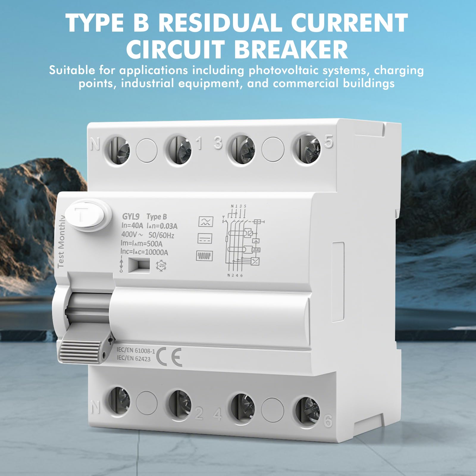 Interruttore magnetotermico differenziale 40A 30mA tipo B Salvavita 3P+N 10 kA RCCB AC400V interruttore differenziale a riarmo automatico per stazioni di ricarica e attrezzature industriali GYL9