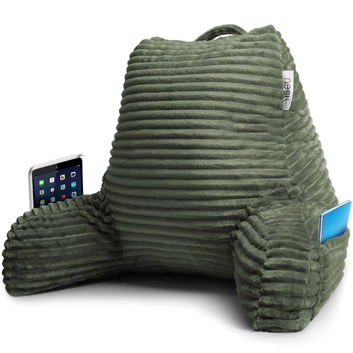 nestl reading pillow for bed adult – back pillow for sitting in bed, standard bed pillows for sitting up in bed, foam bed chair pillow, olive green bed rest pillow