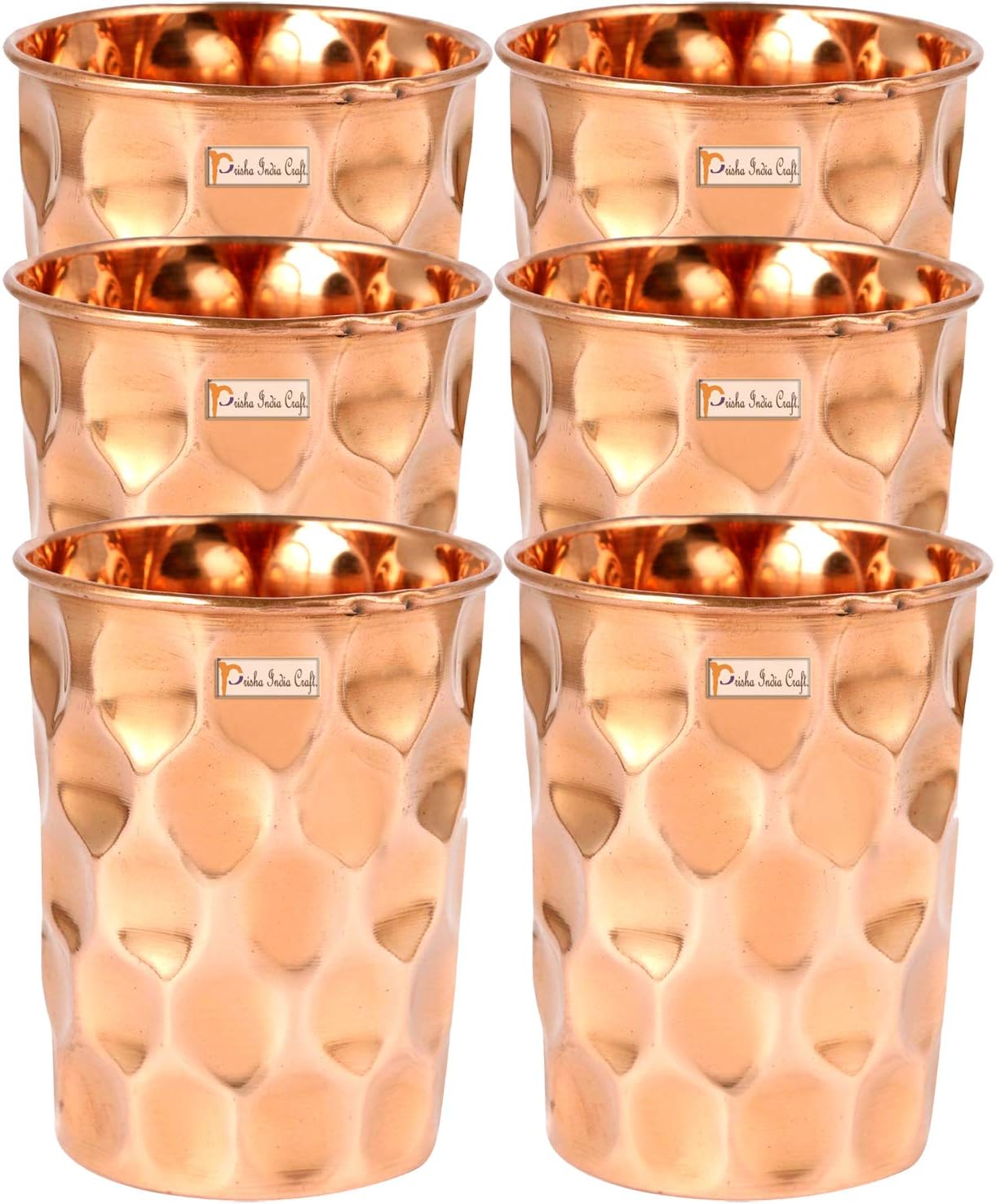 Prisha India Craft Copper Glass Tumbler, Diamond Design, Capacity 350 ML, Set of 6