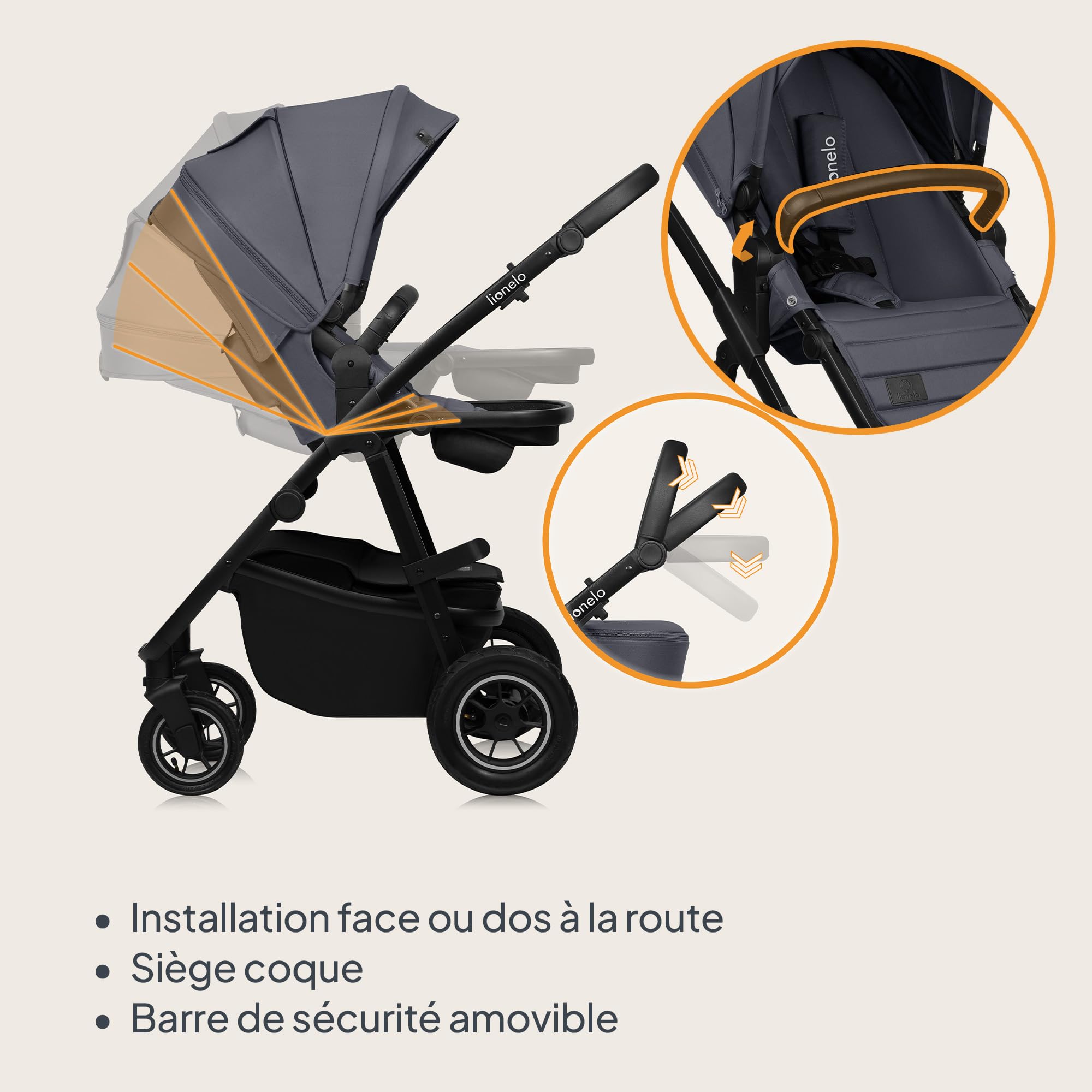 LIONELO AMBER PLUS poussette multifonctionnelle 3 en 1 de 0 à 4 ans jusqu'à 22 kg avec nacelle XL, siège auto jusqu'à 13 kg, dossier réglable, grandes roues tout-terrain 360o, capote XXL (Grey)