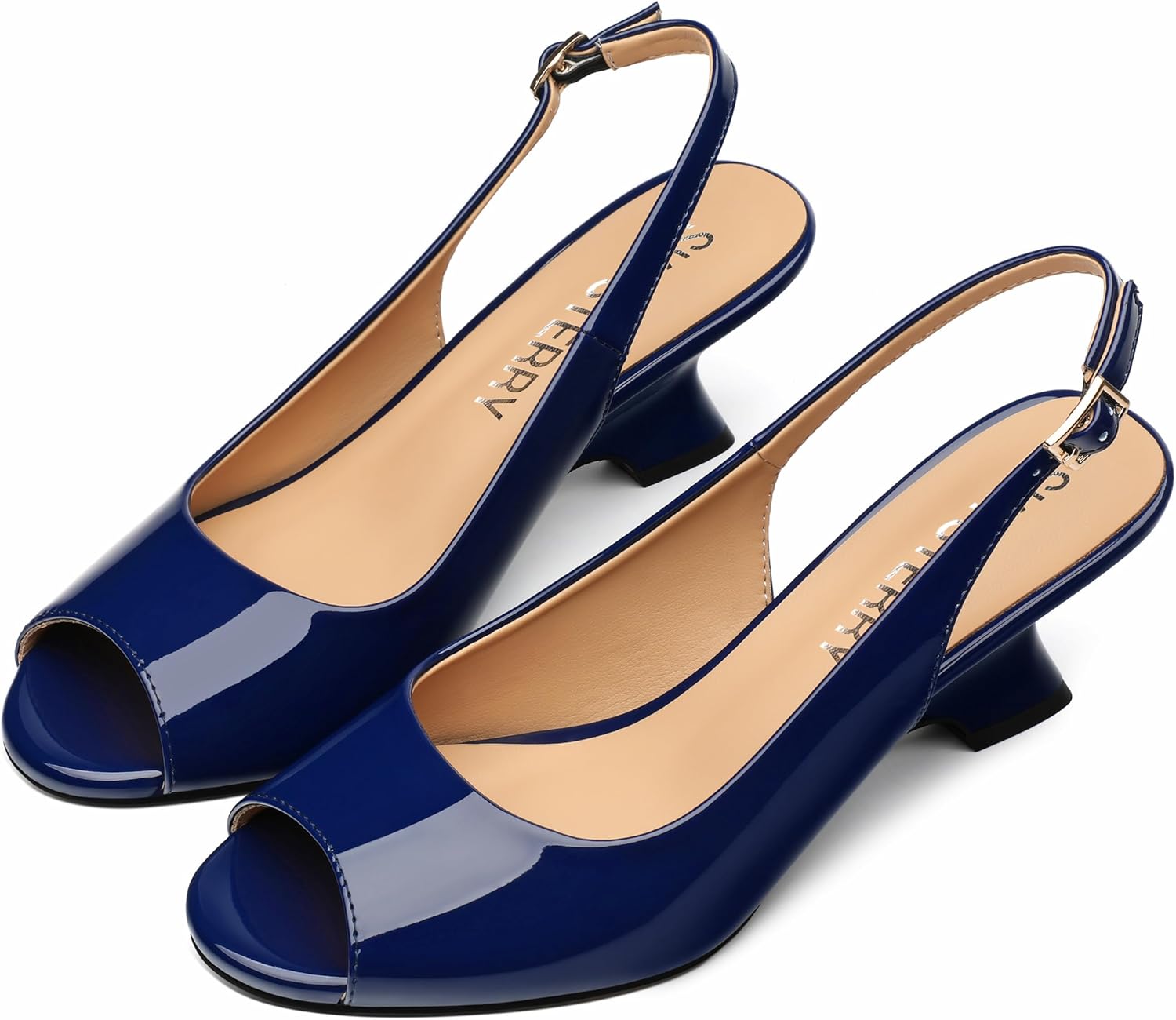 SKYSTERRY Navy Blue Women's Peep Toe Slingback Kitten Wedge Heel Sandals Low Heel Patent Comfortable Sexy Dress Pumps Shoes for Wedding Party Evening 2.4 Inch Size 9 - Image 4