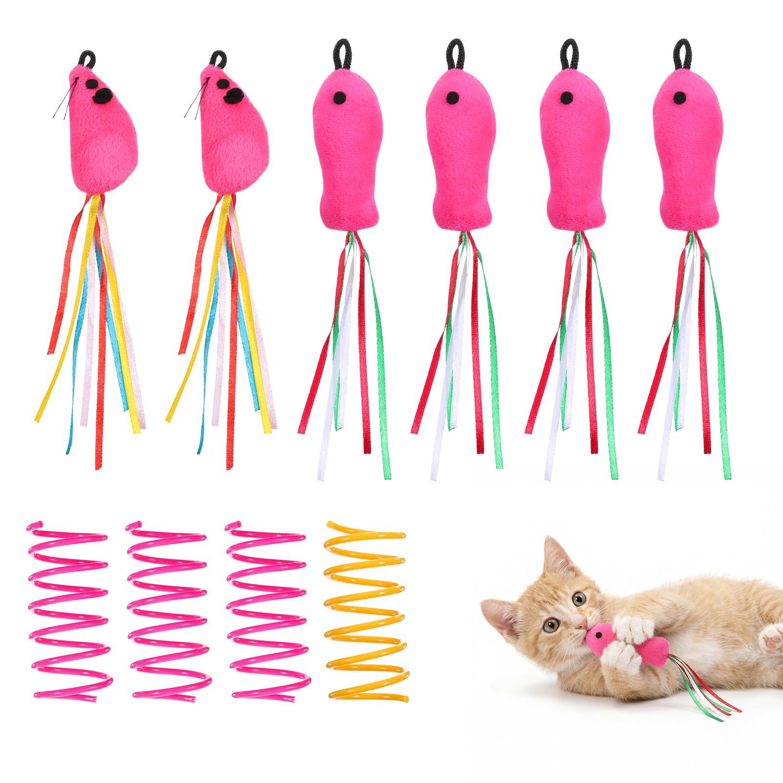 6 PCS Fish and Mice Catnip Toys Plush Filled Rose Red Cat Fish Toy Flopping Cat Wand Toy Interactive Catnip Toys with Ribbons Cats Feather Wand with 4 PCS Springs for Indoor Cats Kitten Exercise