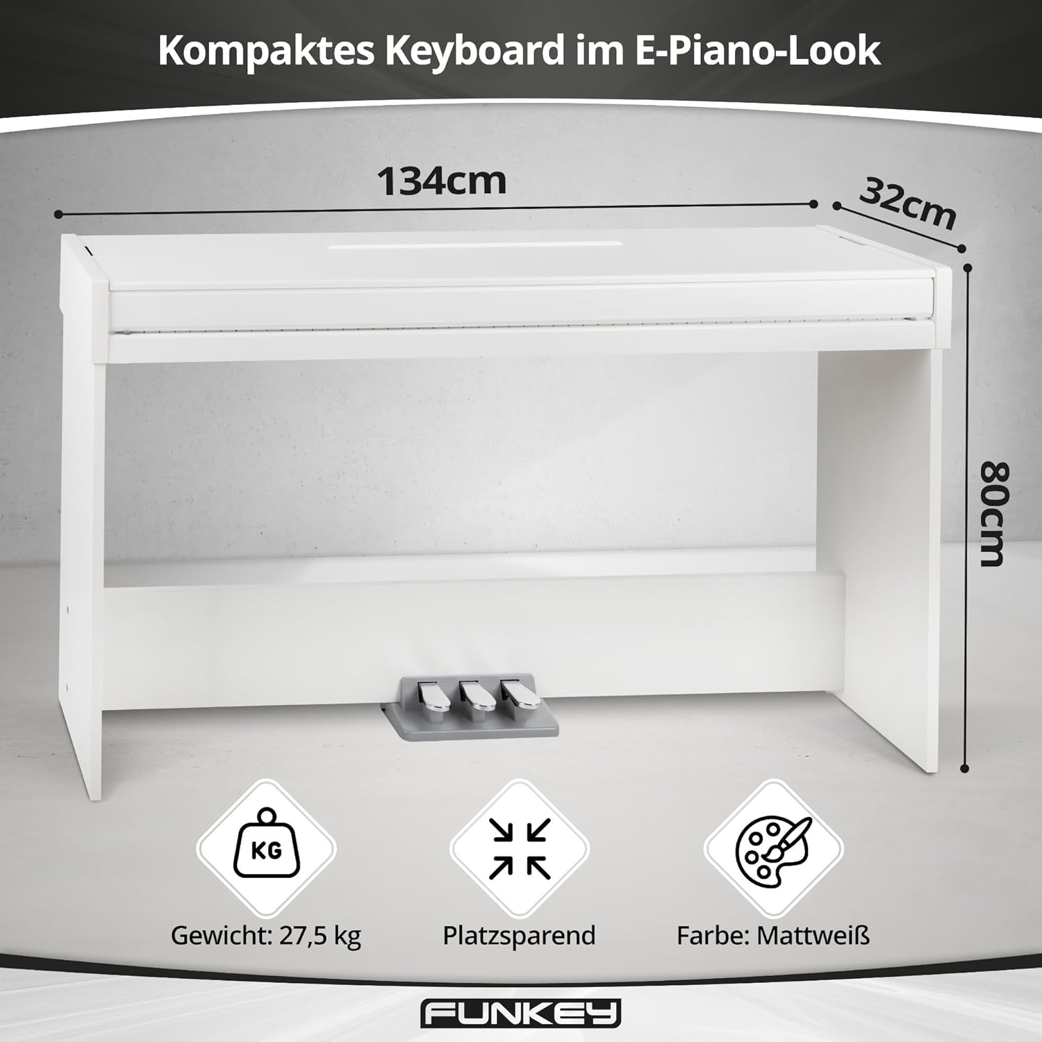 FunKey DP-1088 dimensions: 134cm width, 32cm depth, 80cm height, and 27.5 kg weight