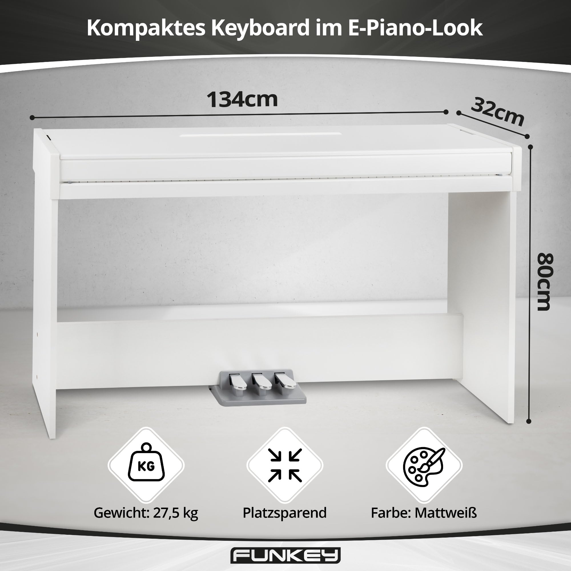 FunKey DP-1088 WM Teclado de piano digital delgado - 88 teclas sensibles a la velocidad y 3 pedales - 20 sonidos - Altavoces estéreo integrados y 2 tomas para auriculares - Blanco mate