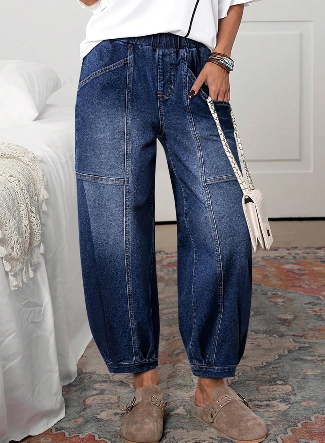 Sidefeel Barrel Jeans for Women Trendy Wide Leg High Waisted Cropped Baggy Relax Fit Stretch Pocketed Denim Ankle Pants - Image 2