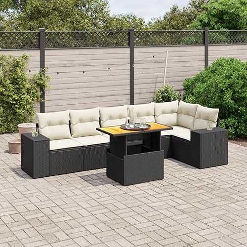 7-Piece Garden Sofa Set in Black and Cream White, Modern Outdoor Furniture with Modular Design, Weather-Resistant Poly Rattan and Acacia Wood