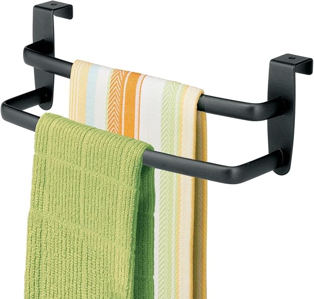 mDesign Kitchen Over The Cabinet Double Dish Towel Bar Steel Tea Towel Holder for The Kitchen Double Towel Rail for Kitchens & Bathrooms Matte Black