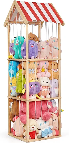 Stuffed Animal Storage, Space Saving Vertical Stuffed Animal Holder Wood, Easy Assembly Cottage-Style Plush Toys Organizer for Kids Bedroom & Playroom (Wood)