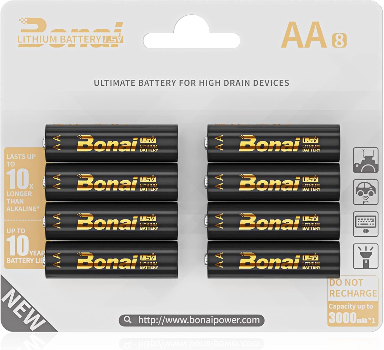 BONAI Lithium Batteries AA, 1.5V 3000mAh Longest Lasting