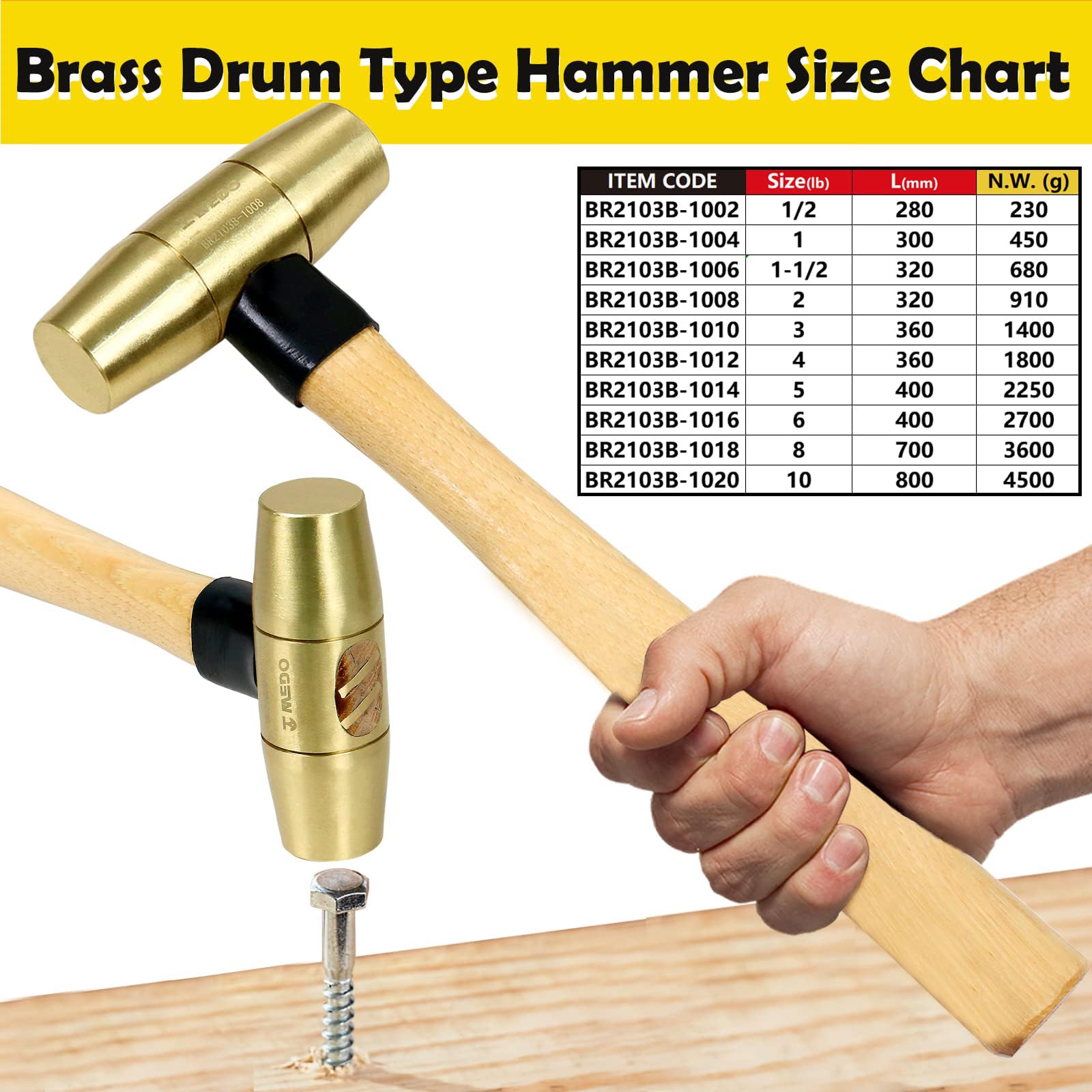 WEDO Fäustel mit Holzstiel, Kopfgewicht 1400g, Messing Vorschlaghämmer, Abbruchhammer, Feustel Hammer, Messinghämmer, Länge 360mm，Präzisionshammer für Demontage & Heimwerker